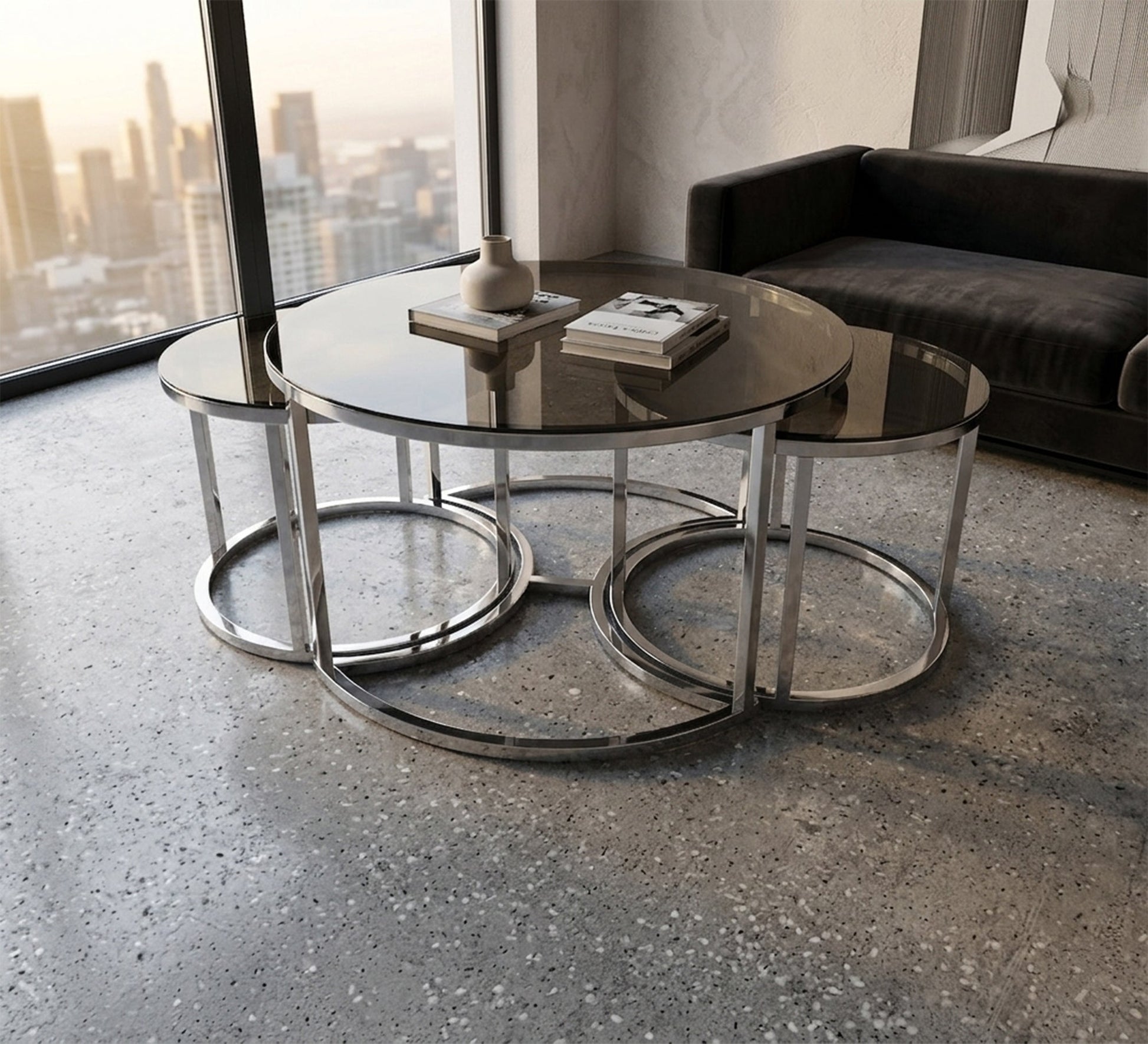 Three tables with a silver frame - Vitrine Furniture - Coffee Tables