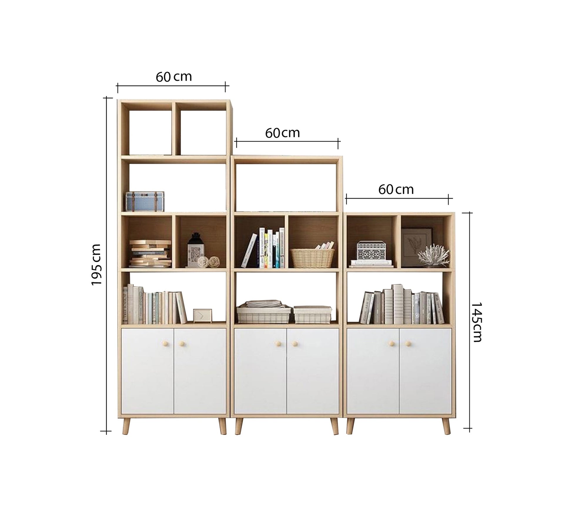Three wooden storage units of varying heights with shelves and closed cabinets - Vitrine Furniture - Furniture