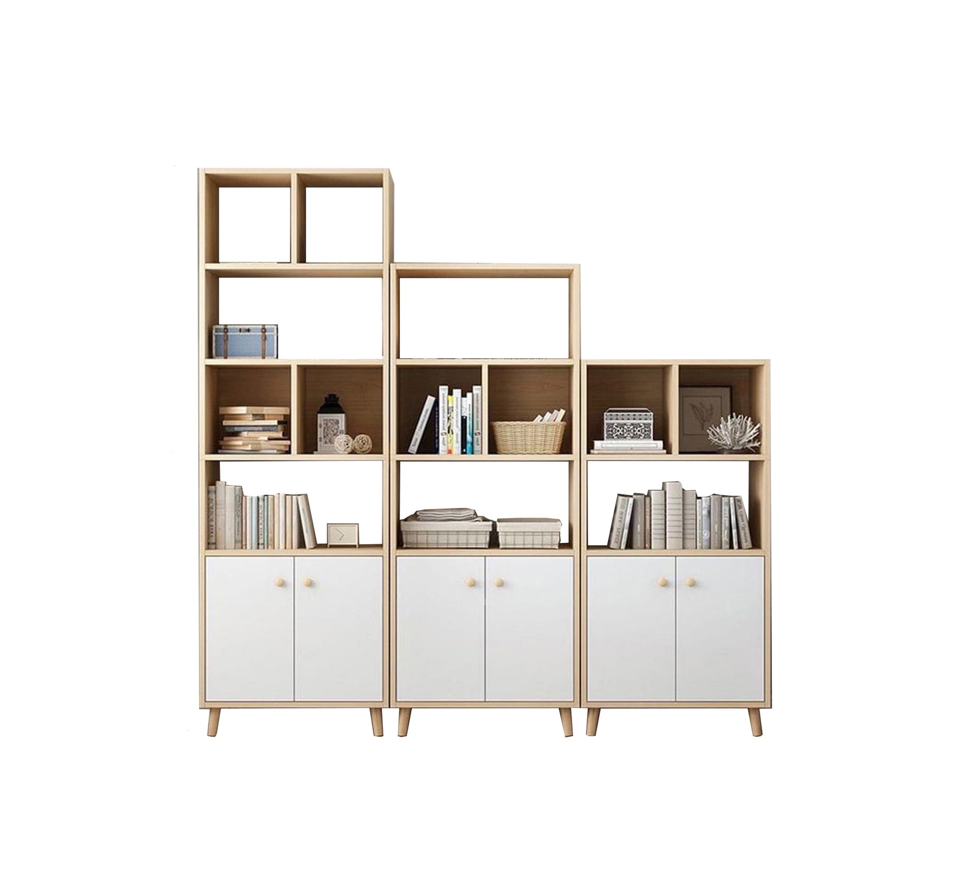 Three wooden storage units of varying heights with shelves and closed cabinets - Vitrine Furniture - Furniture