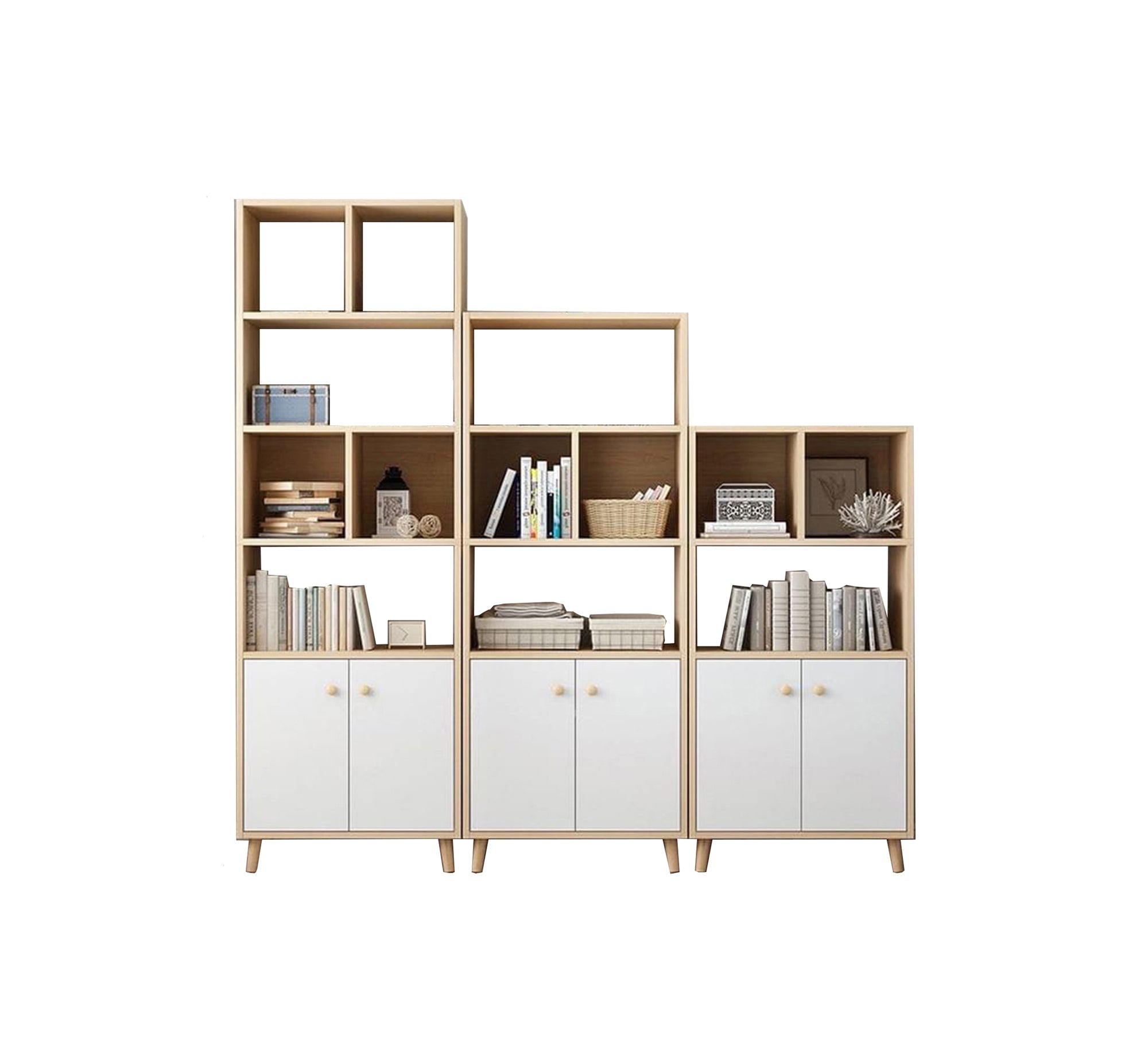 Three wooden storage units of varying heights with shelves and closed cabinets - Vitrine Furniture - Furniture