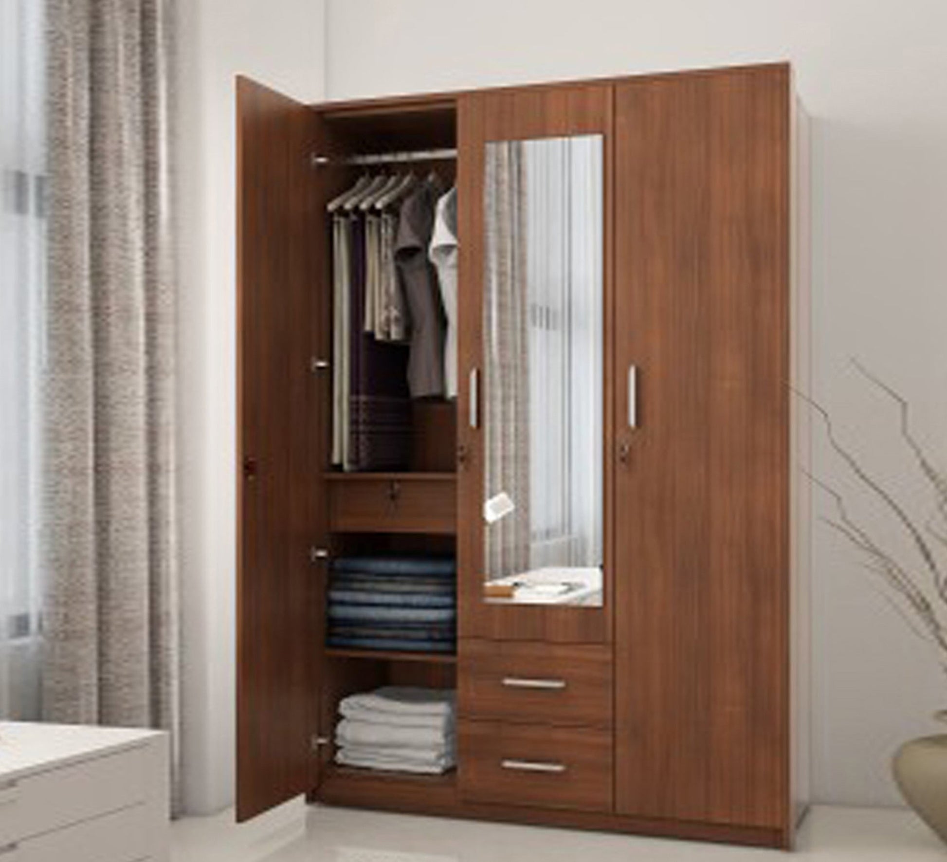 Tri - Door Cupboard: Mirrored, Dark Beige Charm - Vitrine Furniture - Furniture
