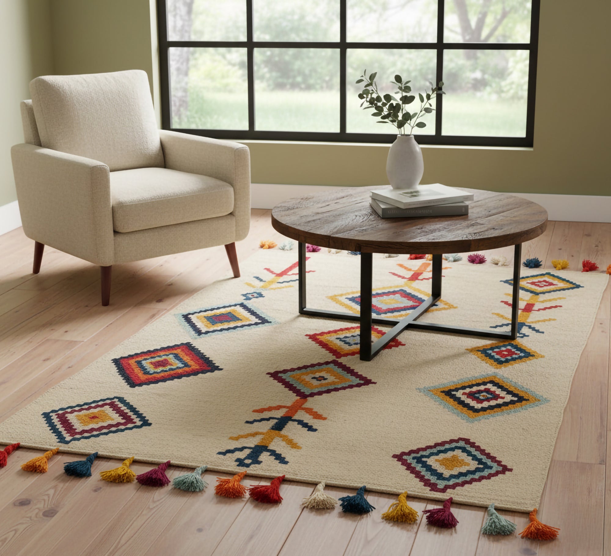 Tribal diamond rug with an ivory background and cheerful motifs ...