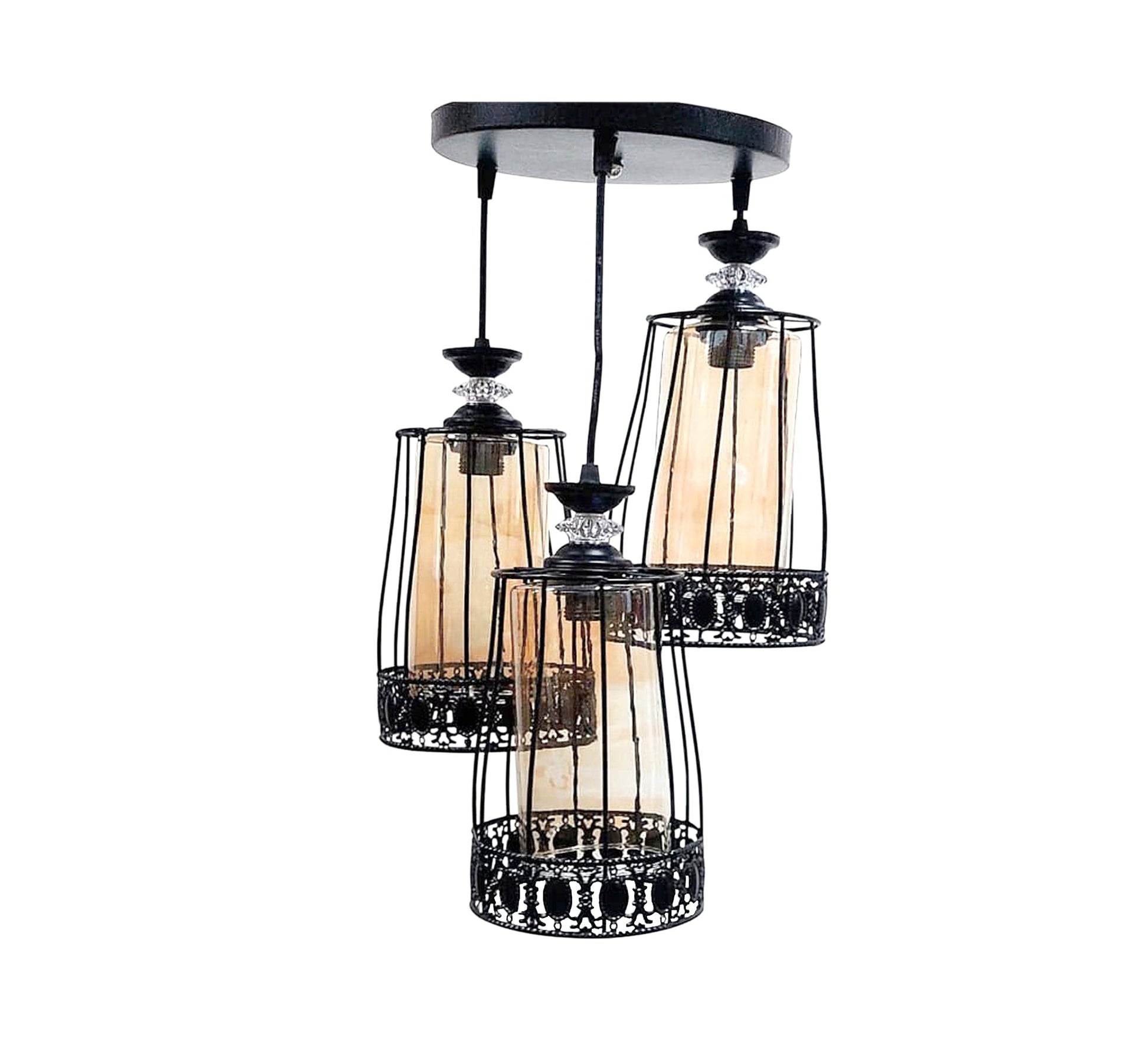 Triple Black Chandelier with Transparent Amber Glass - Vitrine Furniture - Lighting