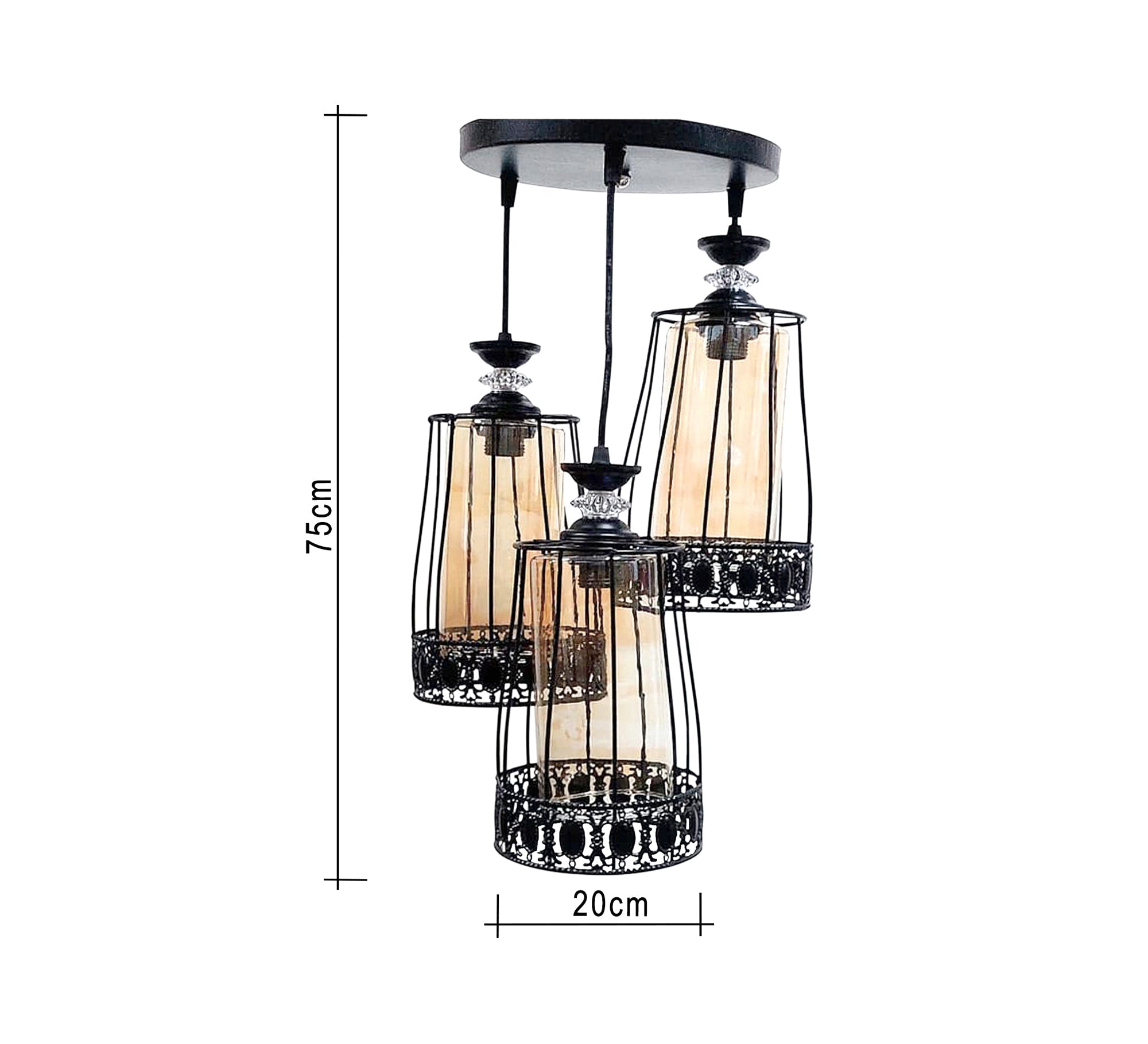 Triple Black Chandelier with Transparent Amber Glass - Vitrine Furniture - Lighting