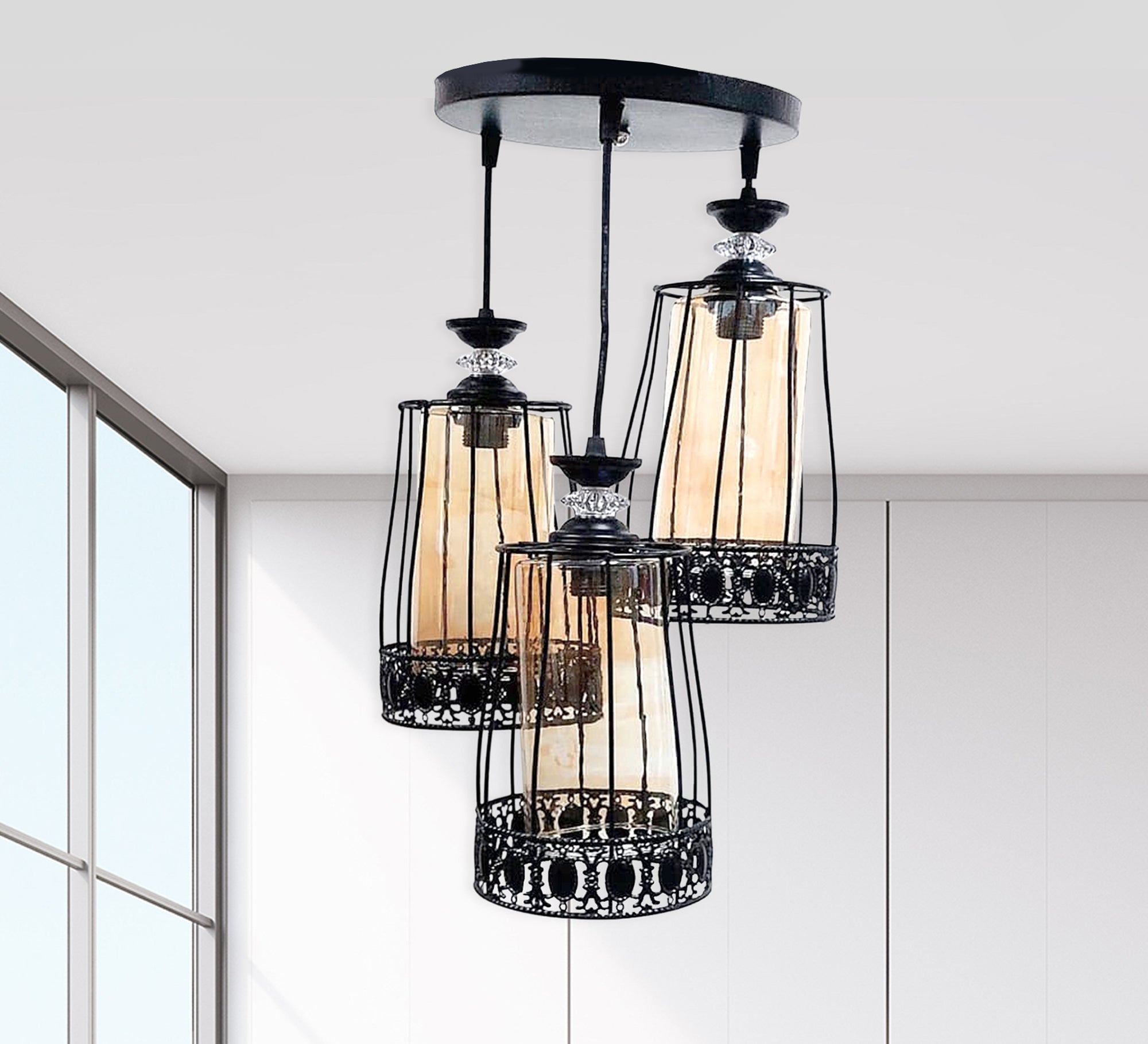 Triple Black Chandelier with Transparent Amber Glass - Vitrine Furniture - Lighting