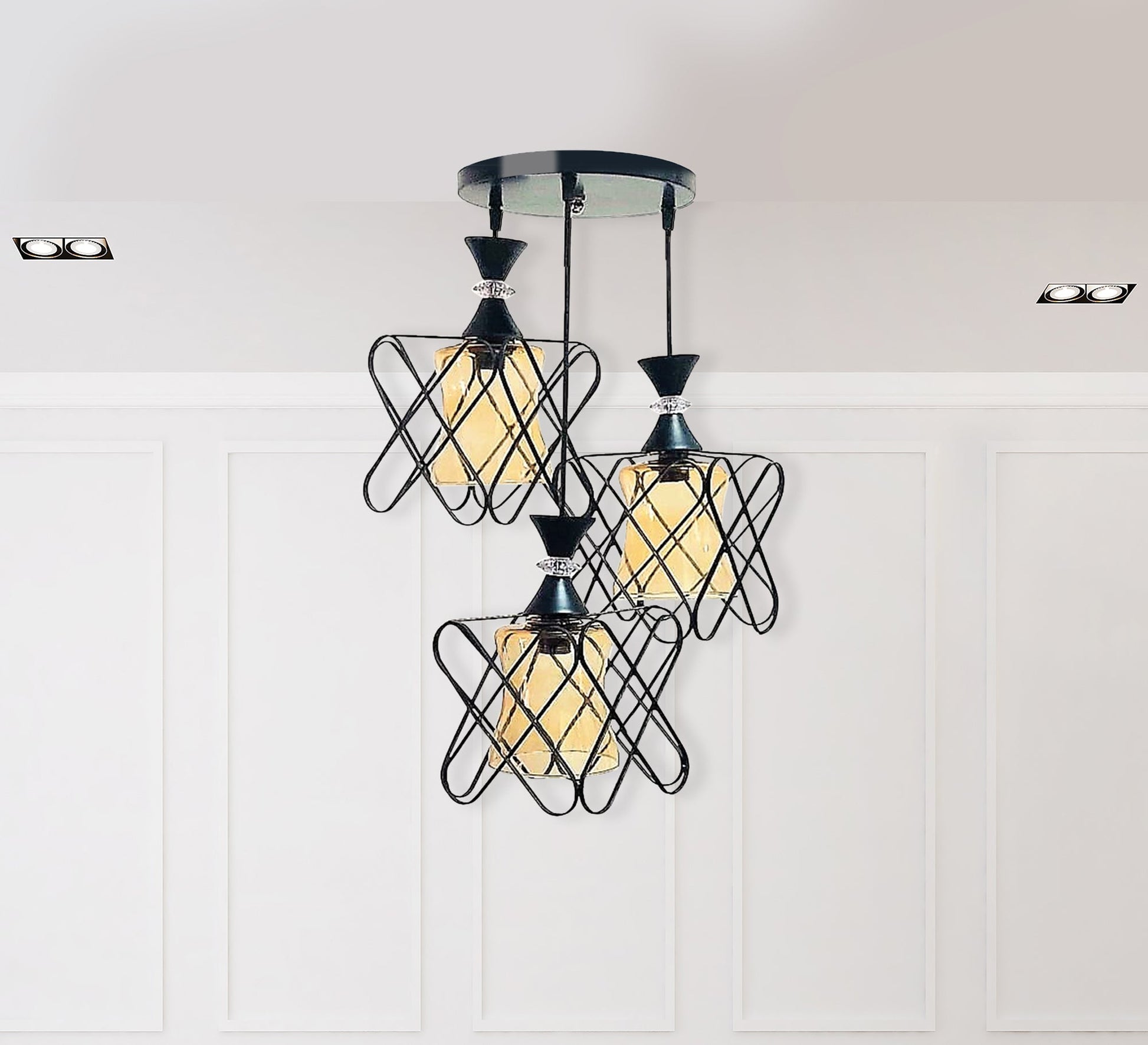 Triple black metal and glass chandelier - Vitrine Furniture - Lighting