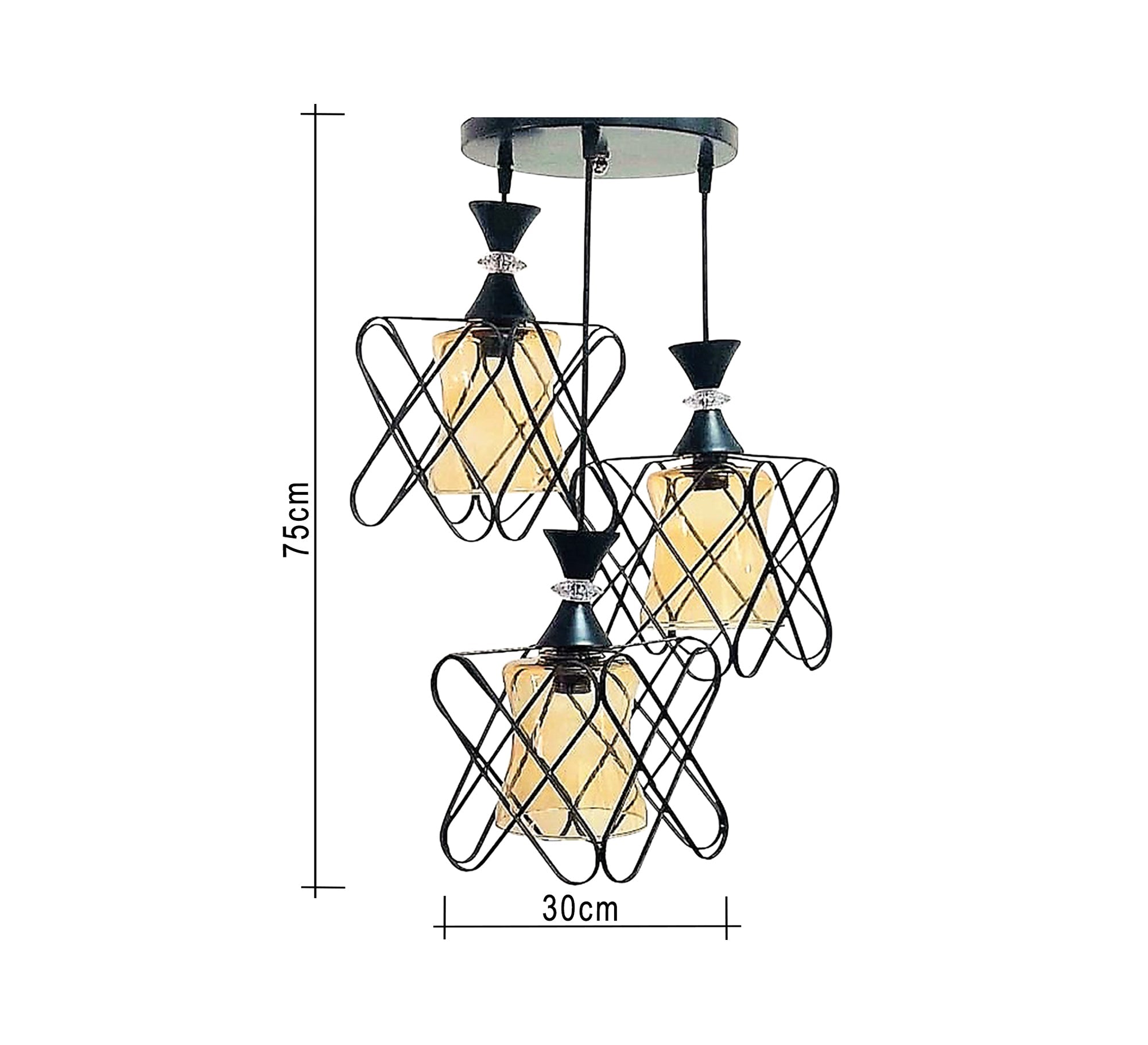 Triple black metal and glass chandelier - Vitrine Furniture - Lighting