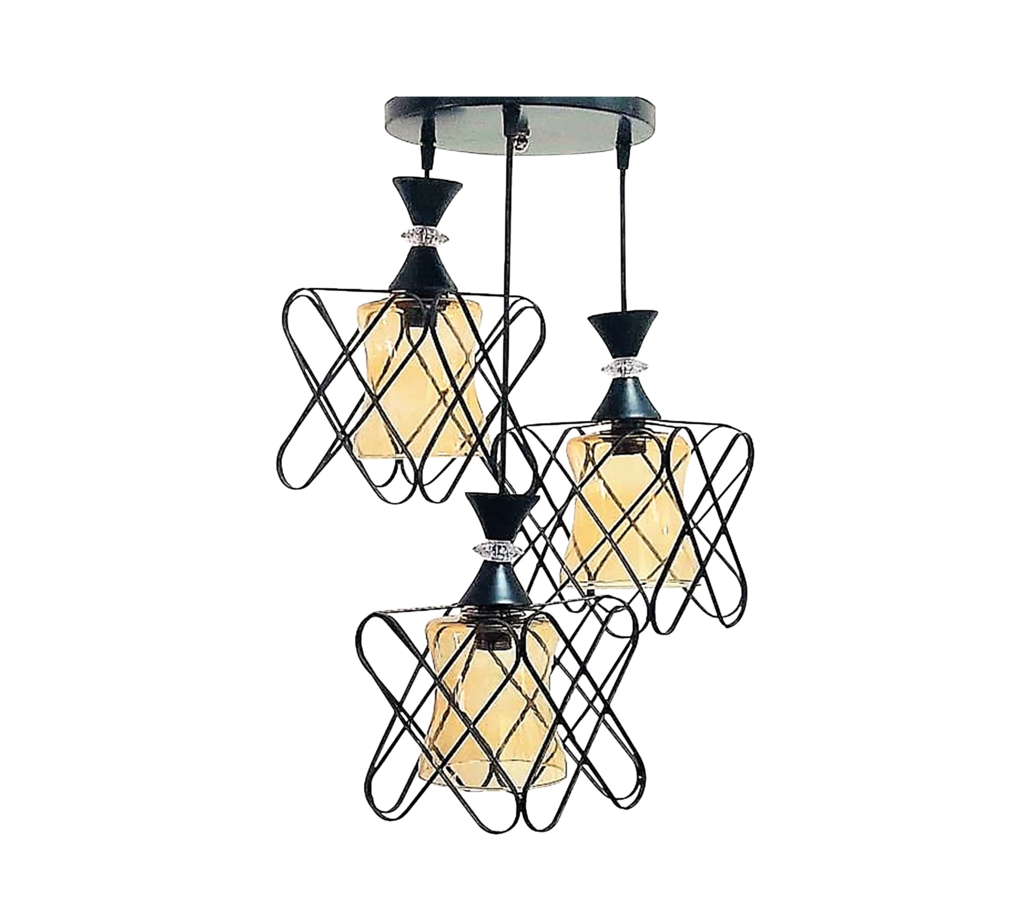 Triple black metal and glass chandelier - Vitrine Furniture - Lighting