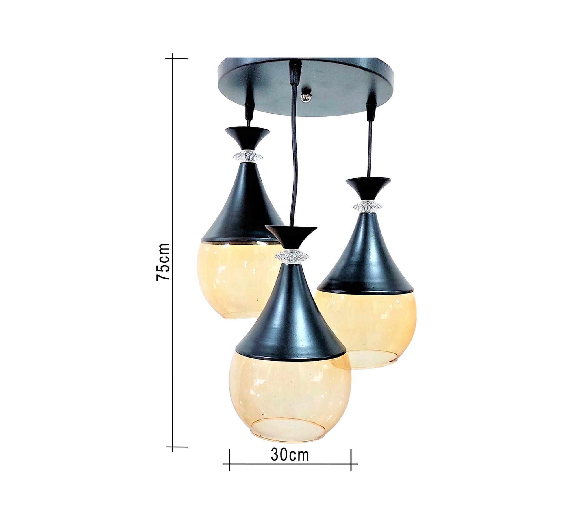 Triple Black Metal Chandelier with Amber Glass - Vitrine Furniture - Lighting