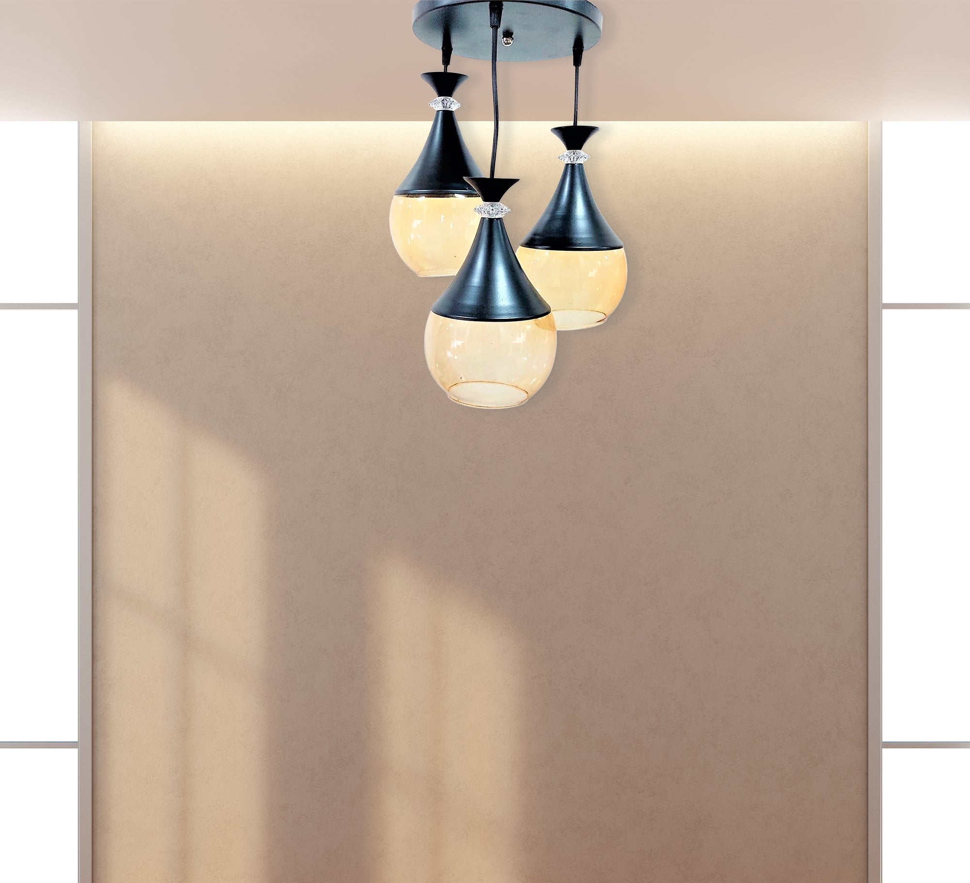 Triple Black Metal Chandelier with Amber Glass - Vitrine Furniture - Lighting