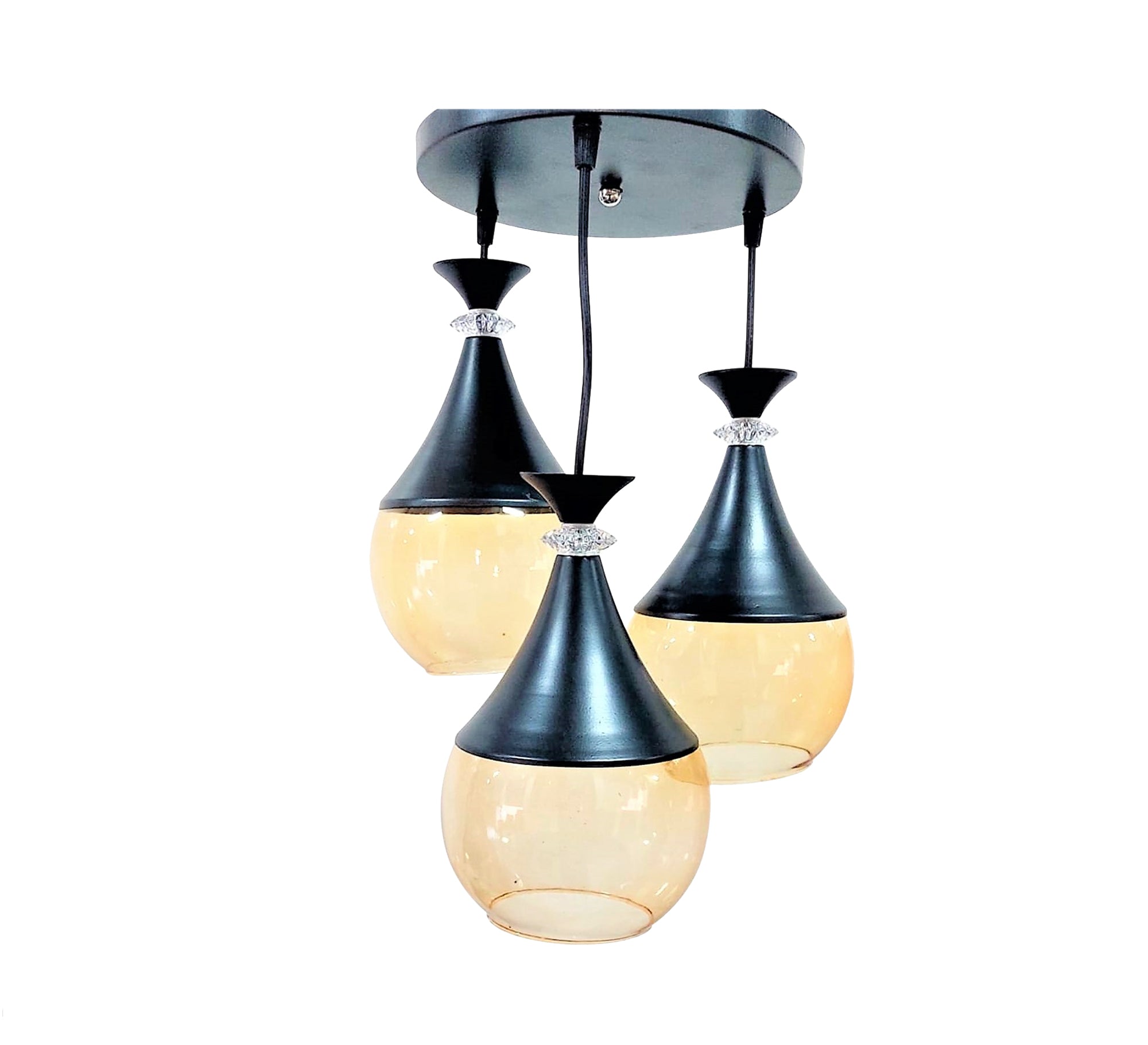Triple Black Metal Chandelier with Amber Glass - Vitrine Furniture - Lighting