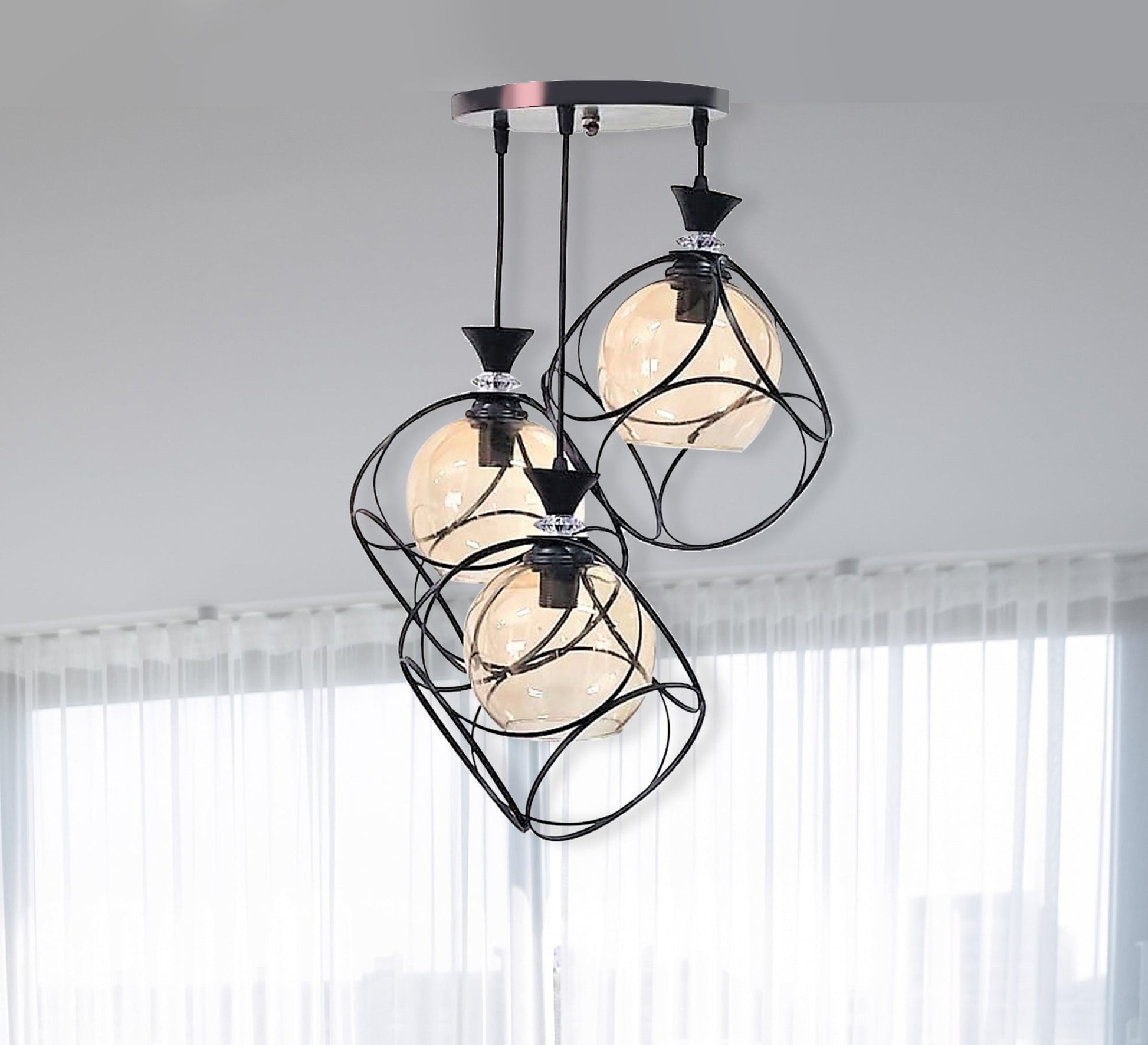 Triple Ceiling Pendant Chandelier in Black Metal and Glass - Vitrine Furniture - Lighting
