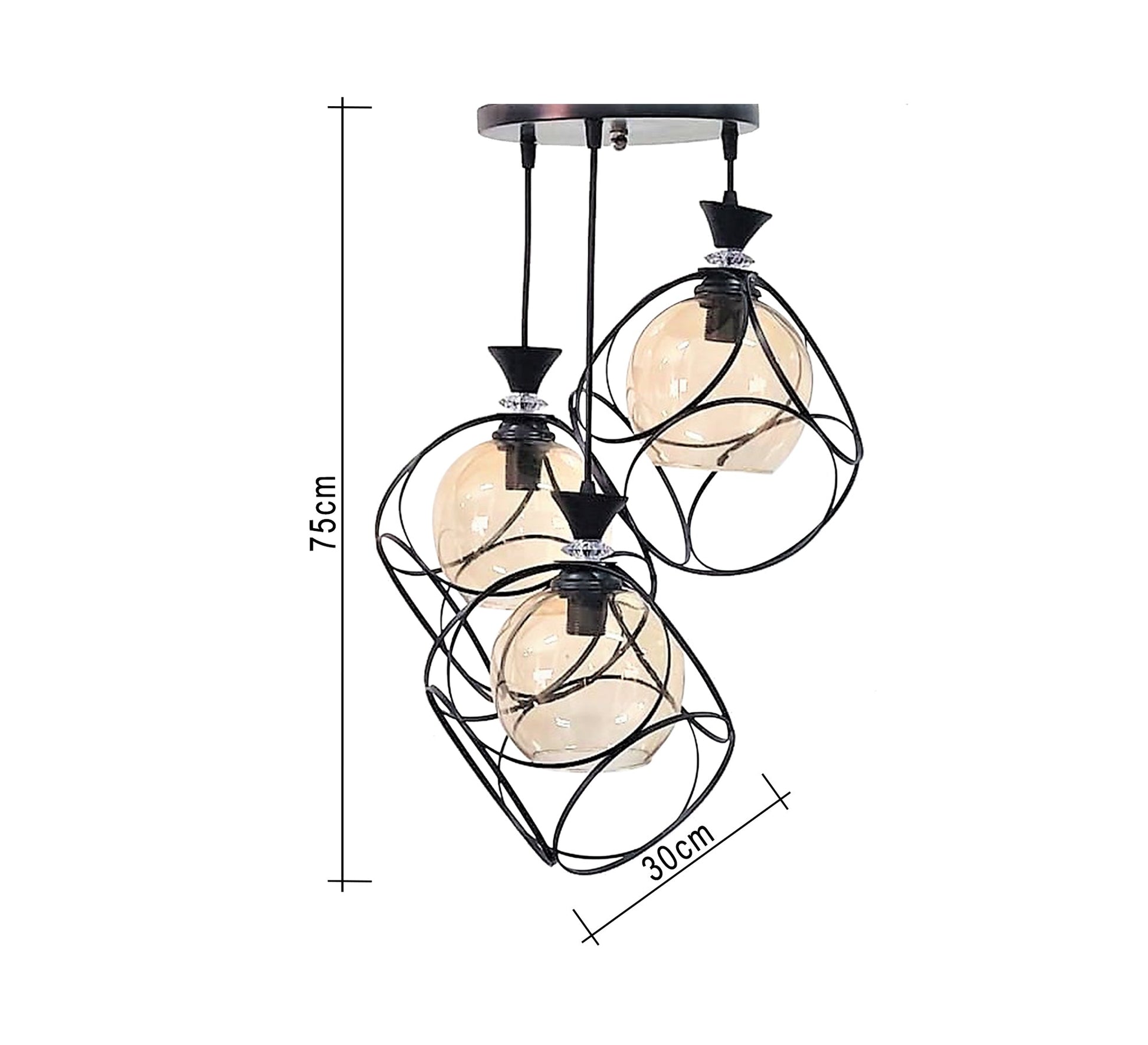 Triple Ceiling Pendant Chandelier in Black Metal and Glass - Vitrine Furniture - Lighting