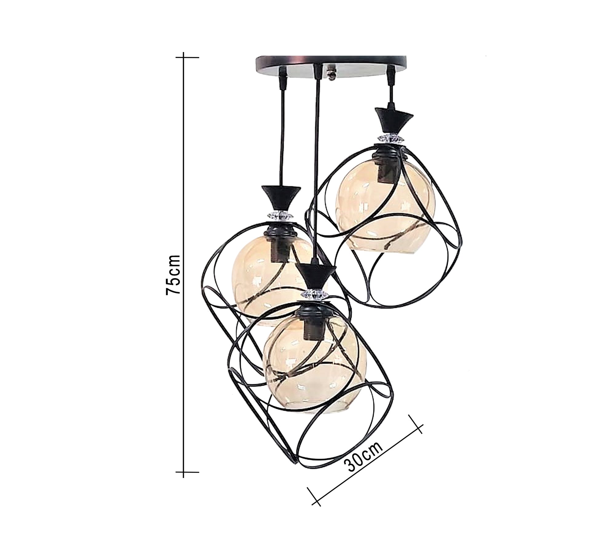 Triple Ceiling Pendant Chandelier in Black Metal and Glass - Vitrine Furniture - Lighting