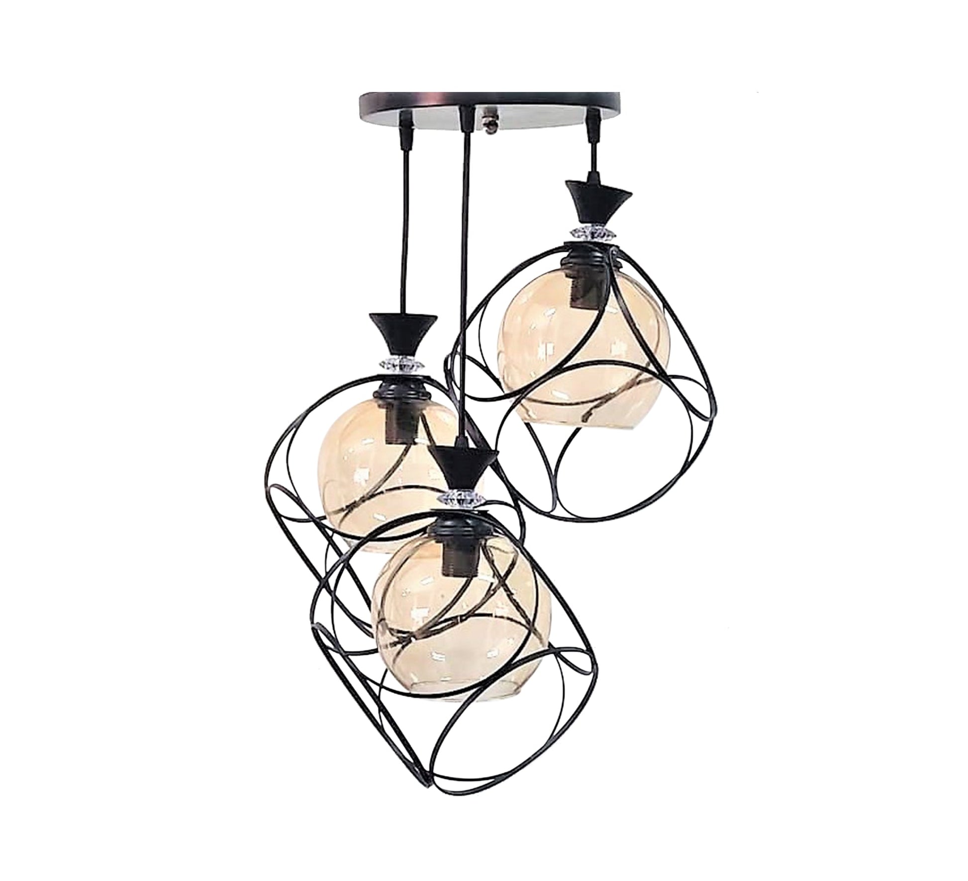 Triple Ceiling Pendant Chandelier in Black Metal and Glass - Vitrine Furniture - Lighting