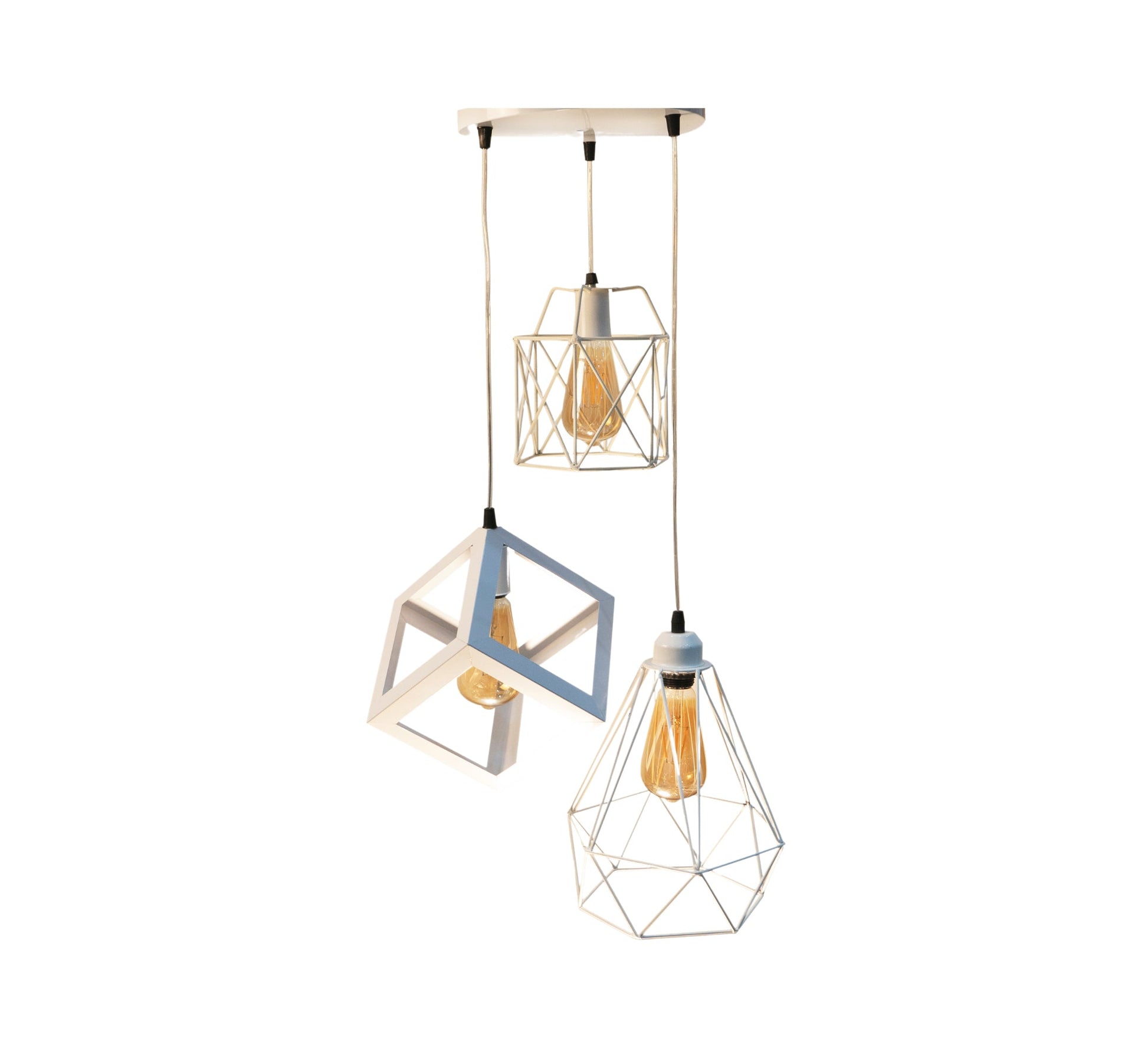 Triple Ceiling Pendant Chandelier in White Metal with Different Shapes and Heights - Vitrine Furniture - Lighting