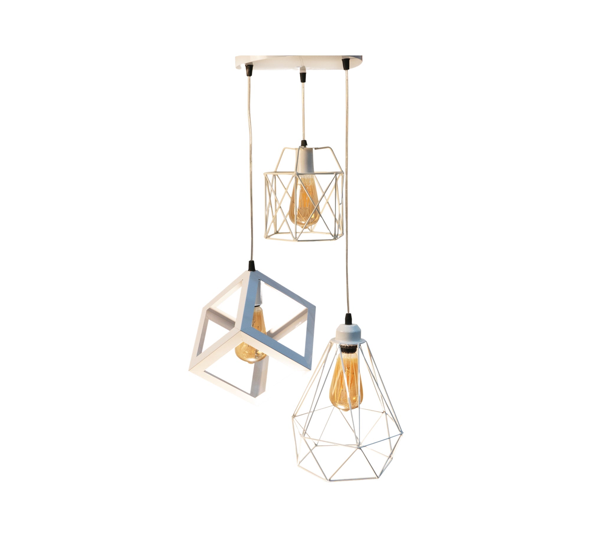 Triple Ceiling Pendant Chandelier in White Metal with Different Shapes and Heights - Vitrine Furniture - Lighting