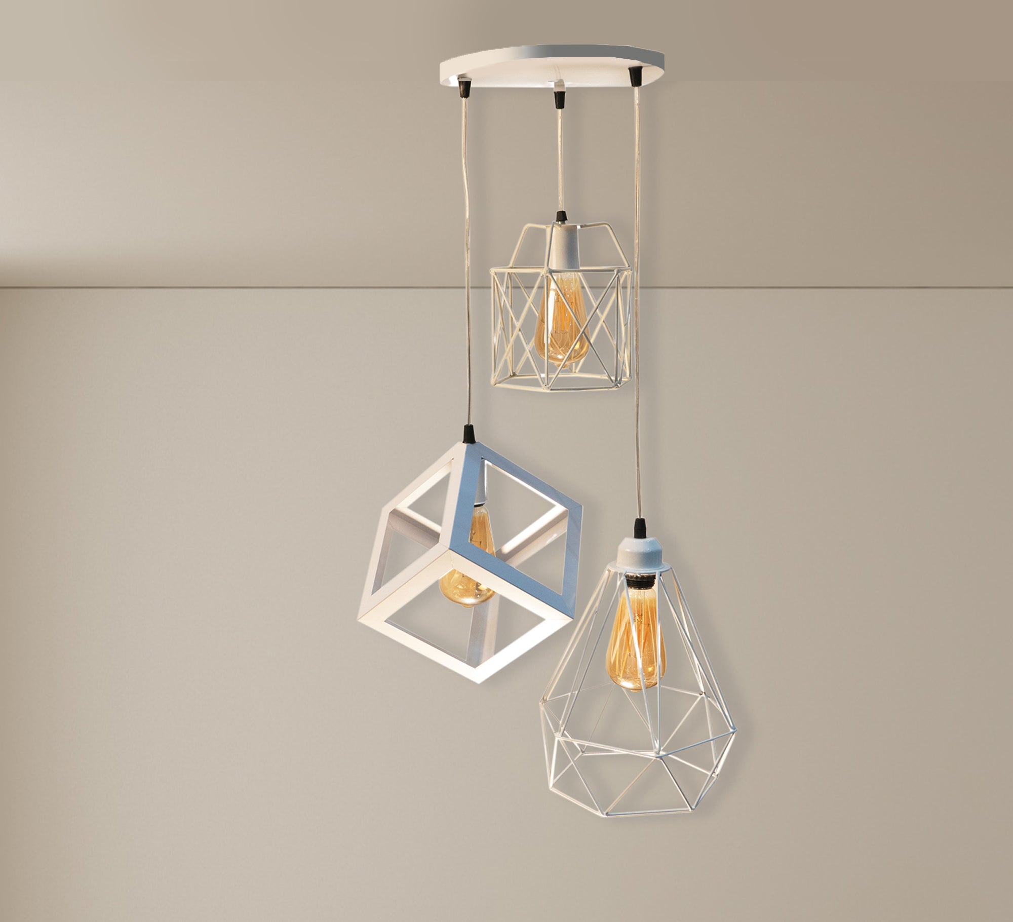 Triple Ceiling Pendant Chandelier in White Metal with Different Shapes and Heights - Vitrine Furniture - Lighting
