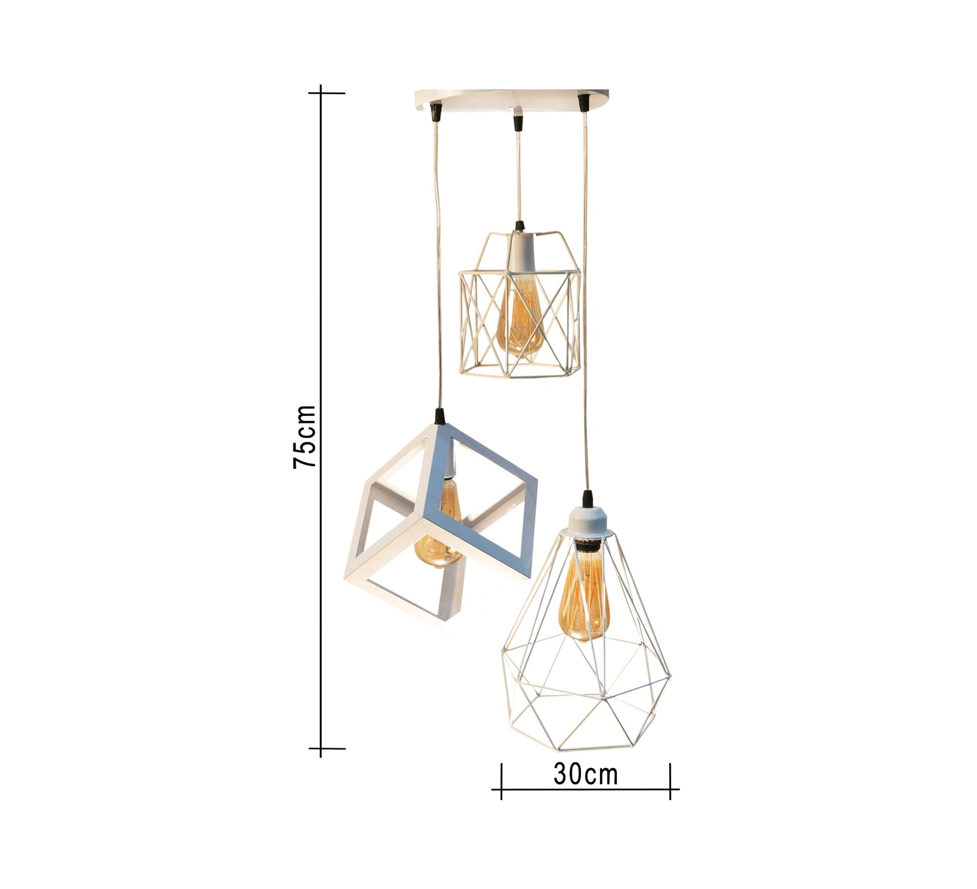 Triple Ceiling Pendant Chandelier in White Metal with Different Shapes and Heights - Vitrine Furniture - Lighting
