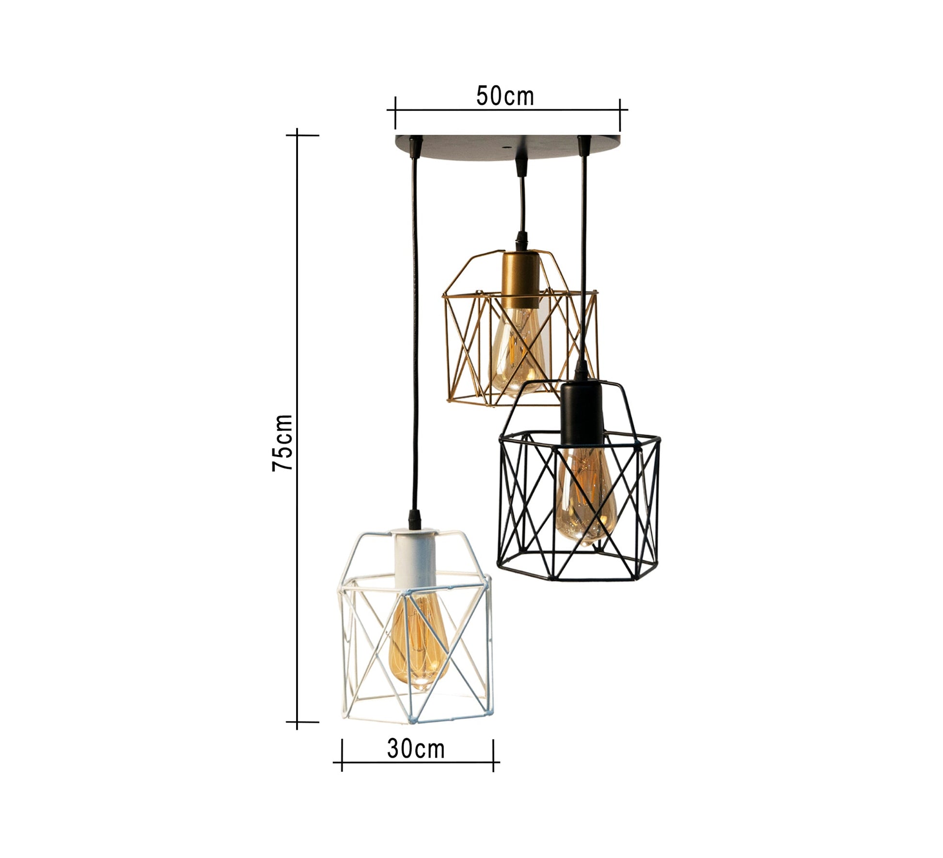 Triple Ceiling Pendant Chandelier with Black Circular Base in Black, Gold, and White Metal - Vitrine Furniture - Lighting