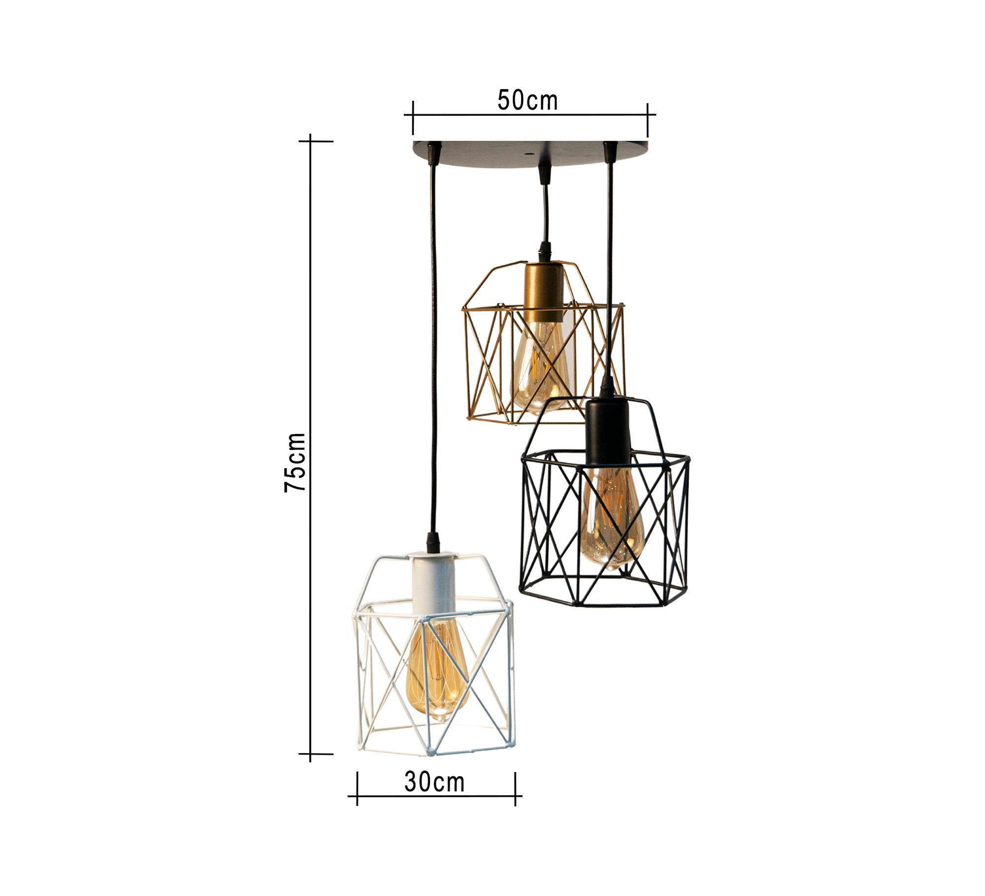 Triple Ceiling Pendant Chandelier with Black Circular Base in Black, Gold, and White Metal - Vitrine Furniture - Lighting