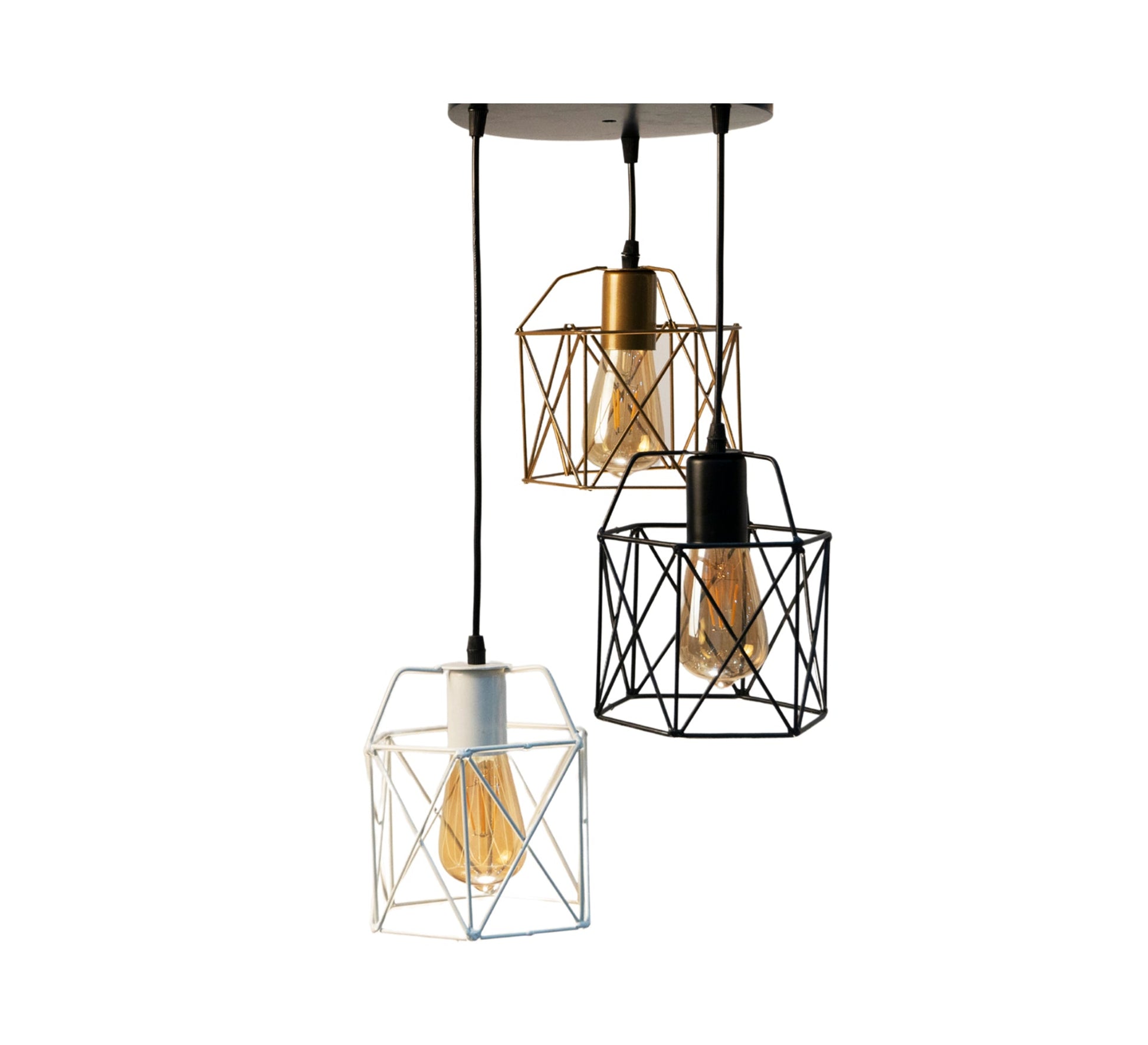 Triple Ceiling Pendant Chandelier with Black Circular Base in Black, Gold, and White Metal - Vitrine Furniture - Lighting
