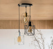 Triple Ceiling Pendant Chandelier with Black Circular Base in Black, Gold, and White Metal - Vitrine Furniture - Lighting