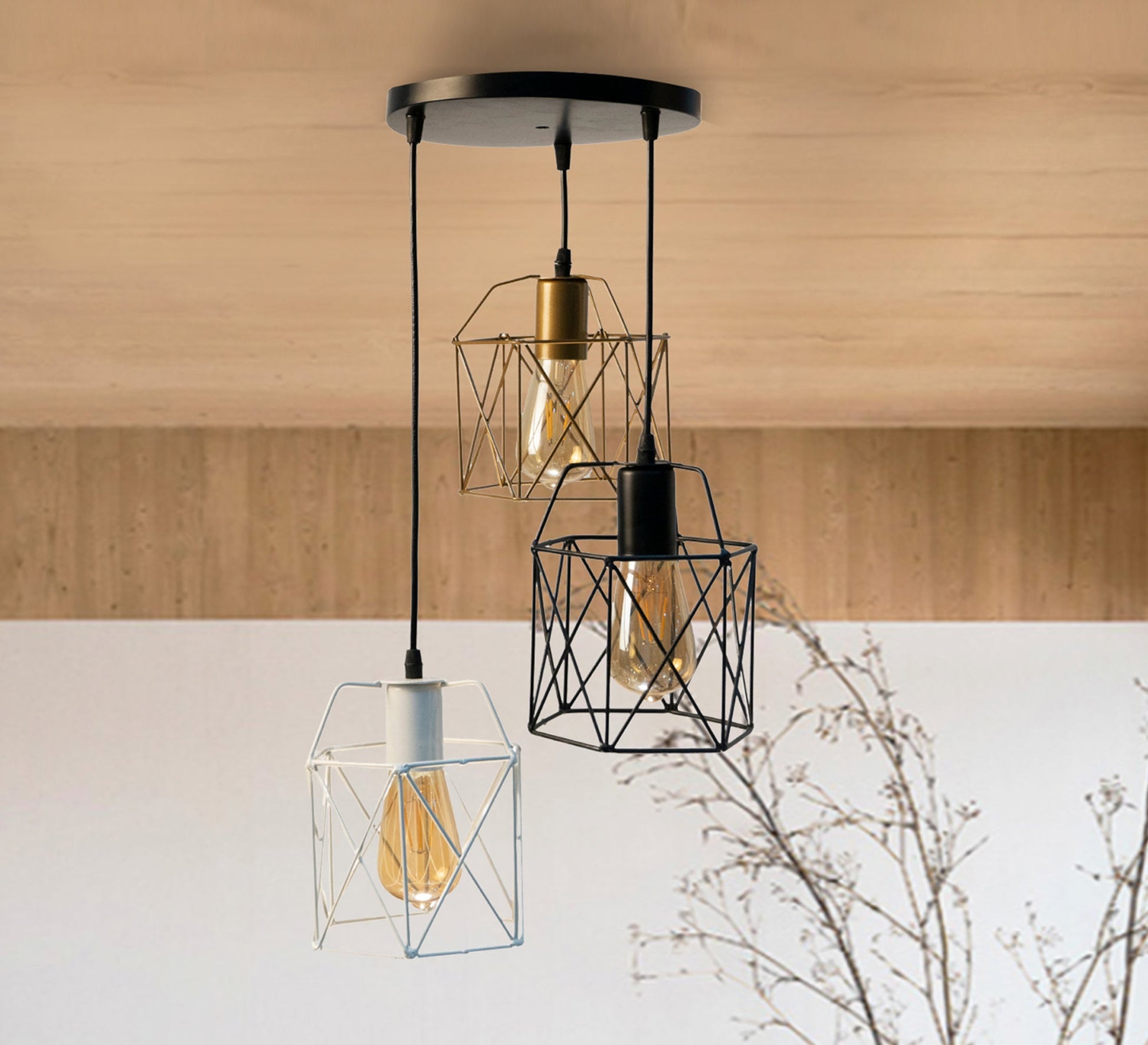 Triple Ceiling Pendant Chandelier with Black Circular Base in Black, Gold, and White Metal - Vitrine Furniture - Lighting