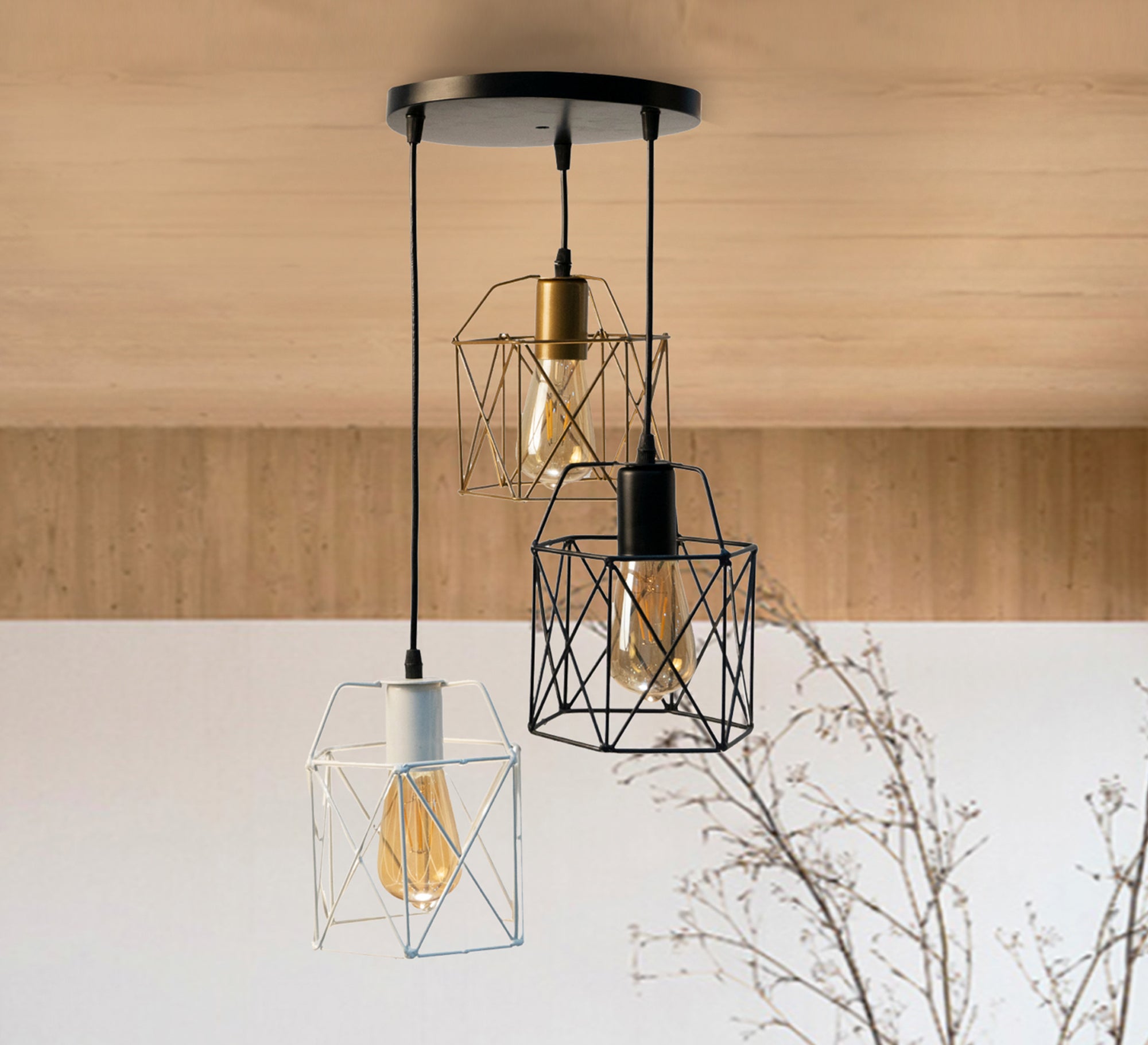 Triple Ceiling Pendant Chandelier with Black Circular Base in Black, Gold, and White Metal - Vitrine Furniture - Lighting