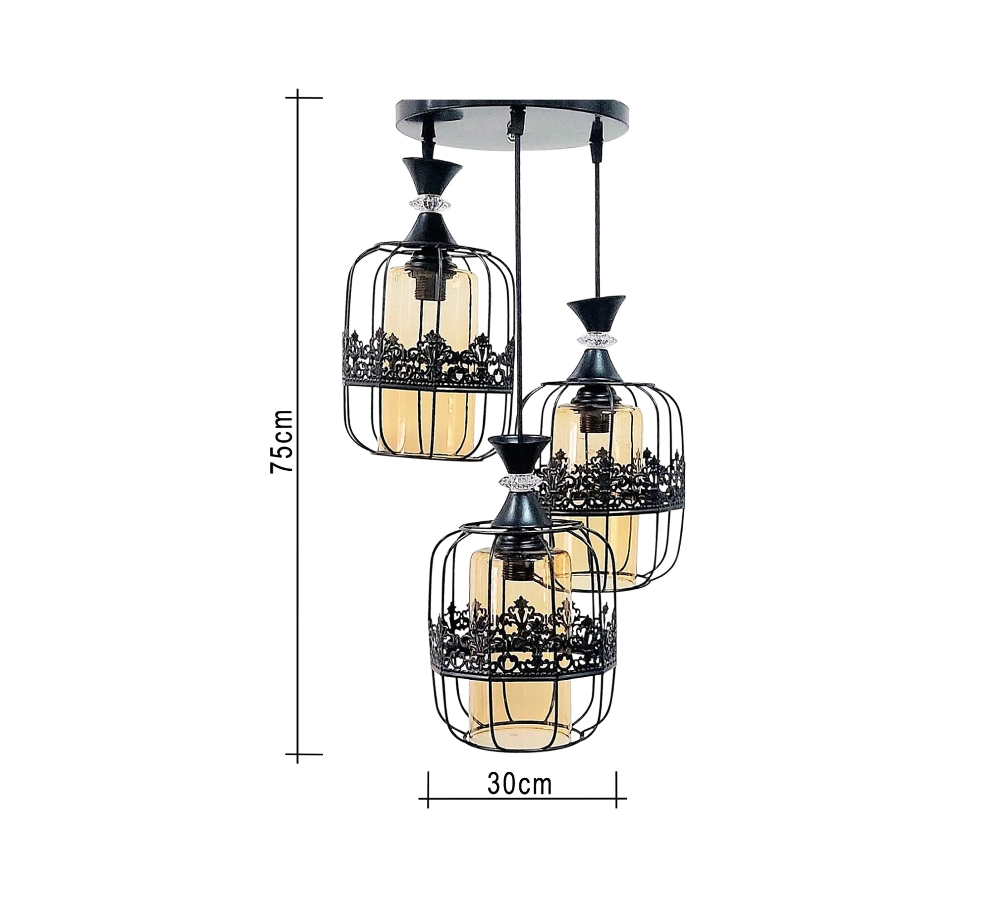 Triple Chandelier in Black Metal with Transparent Yellow Glass - Vitrine Furniture - Lighting