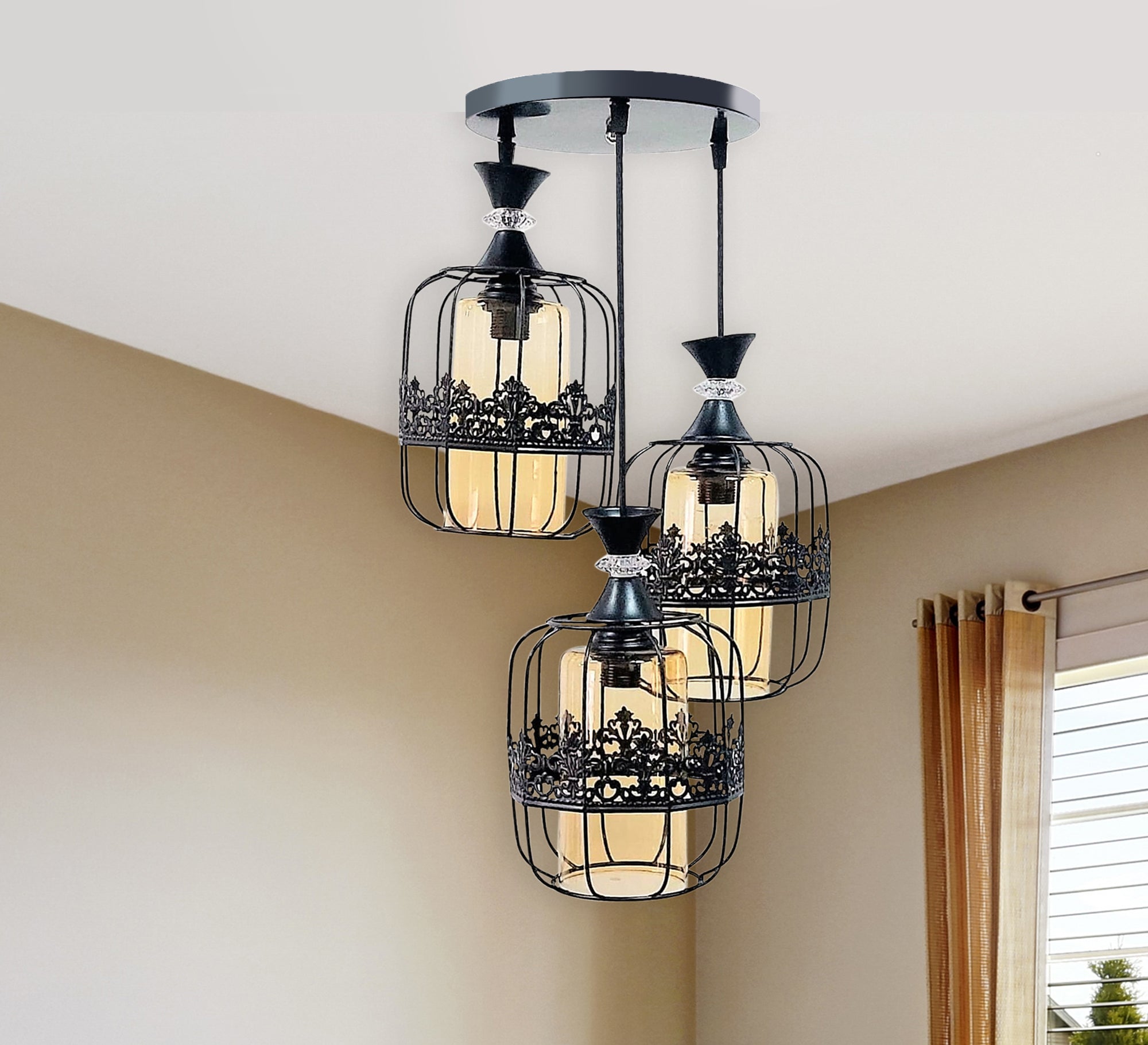 Triple Chandelier in Black Metal with Transparent Yellow Glass - Vitrine Furniture - Lighting