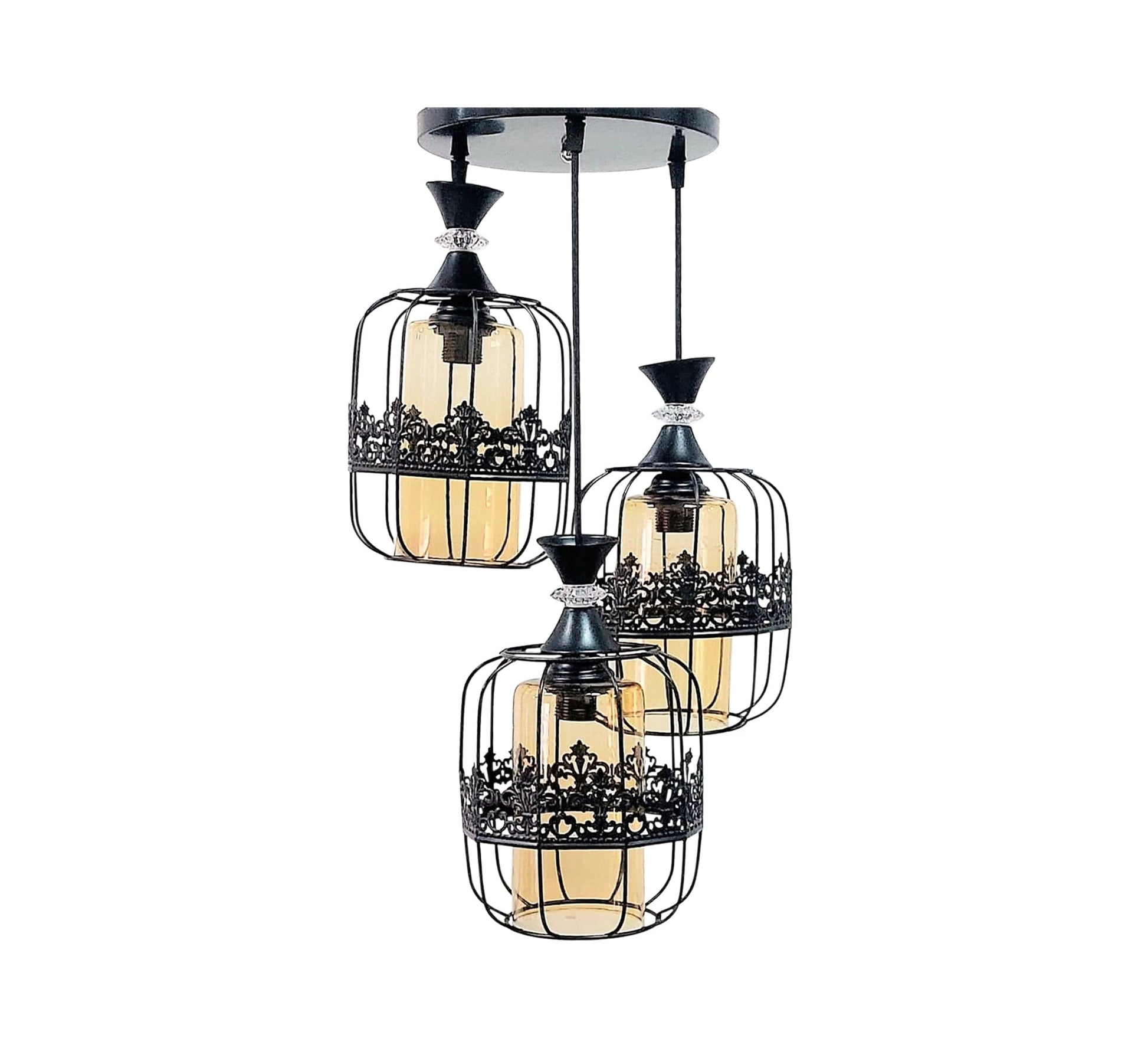 Triple Chandelier in Black Metal with Transparent Yellow Glass - Vitrine Furniture - Lighting