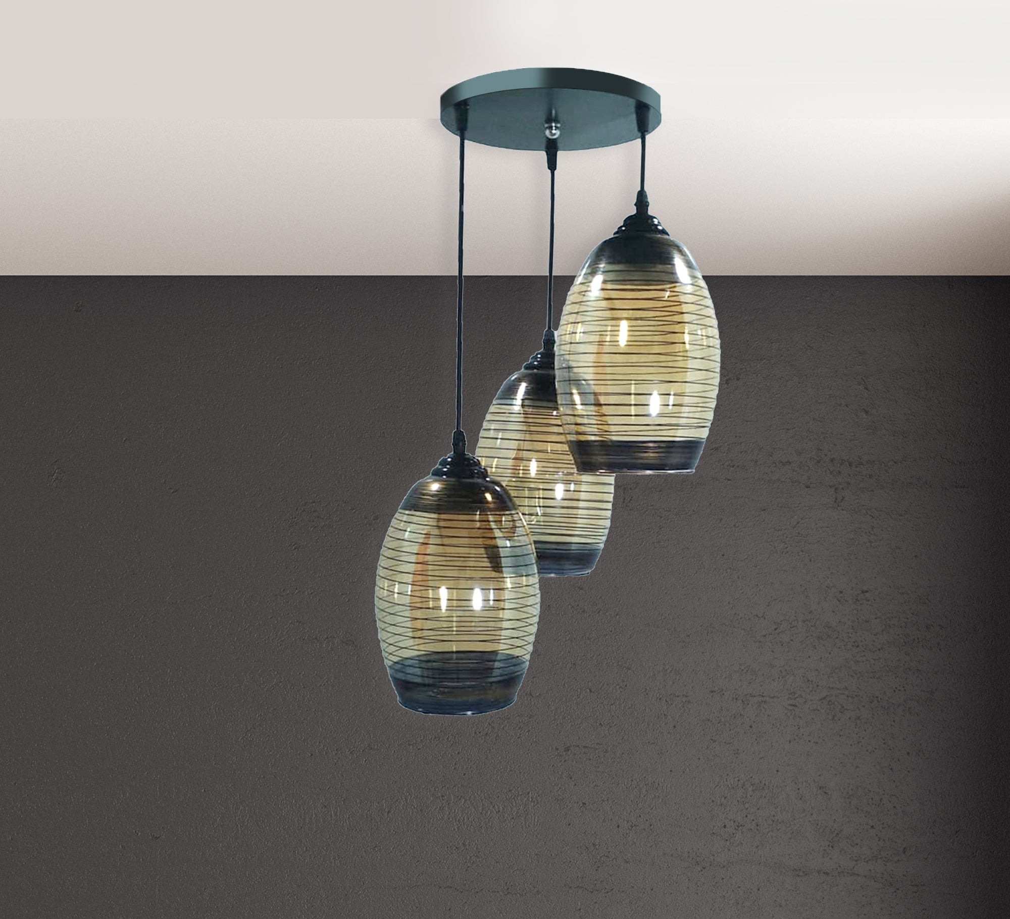 Triple Chandelier with Amber Transparent Glass - Vitrine Furniture - Lighting