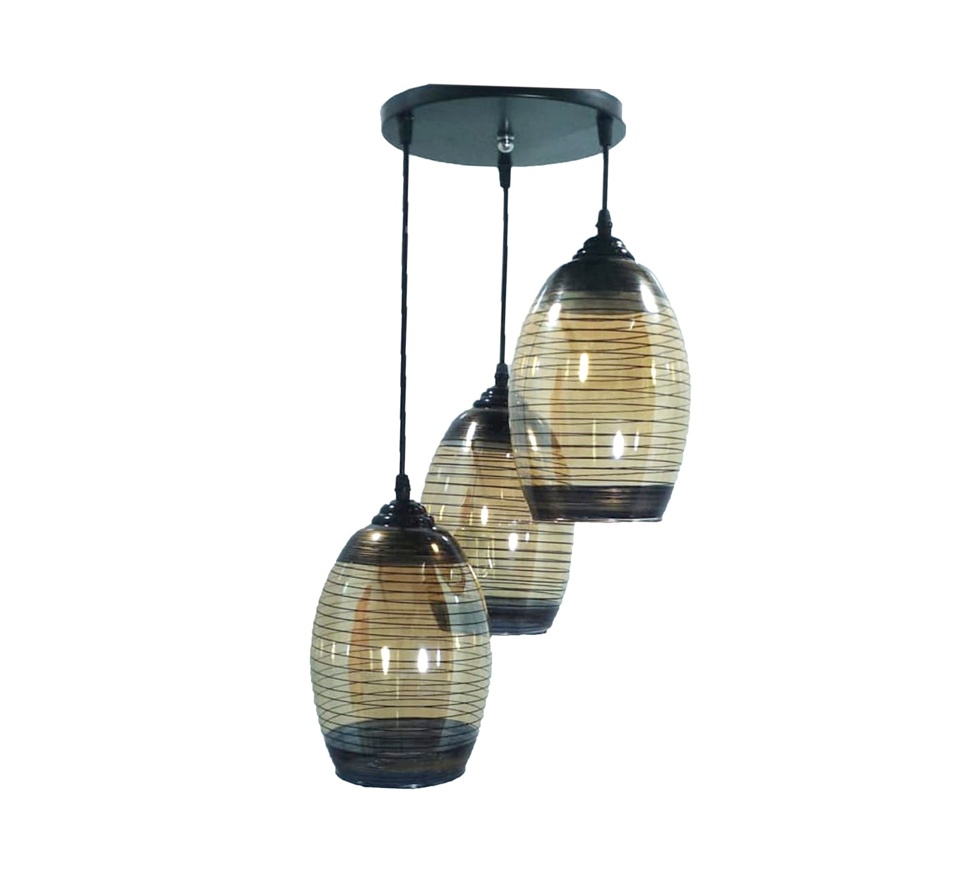 Triple Chandelier with Amber Transparent Glass - Vitrine Furniture - Lighting