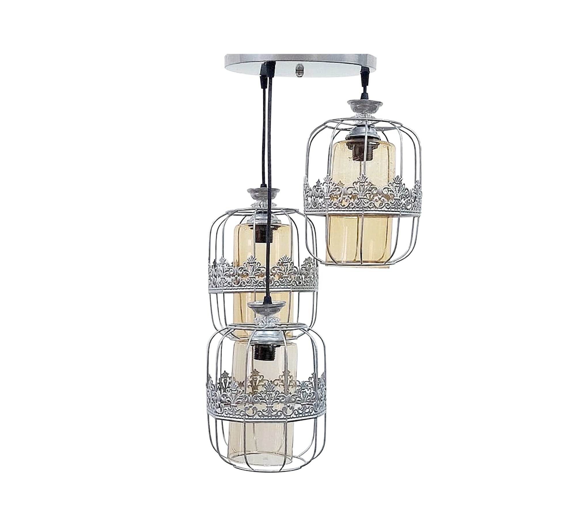 Triple Chandelier with Metal Cages and Decorations - Vitrine Furniture - Lighting