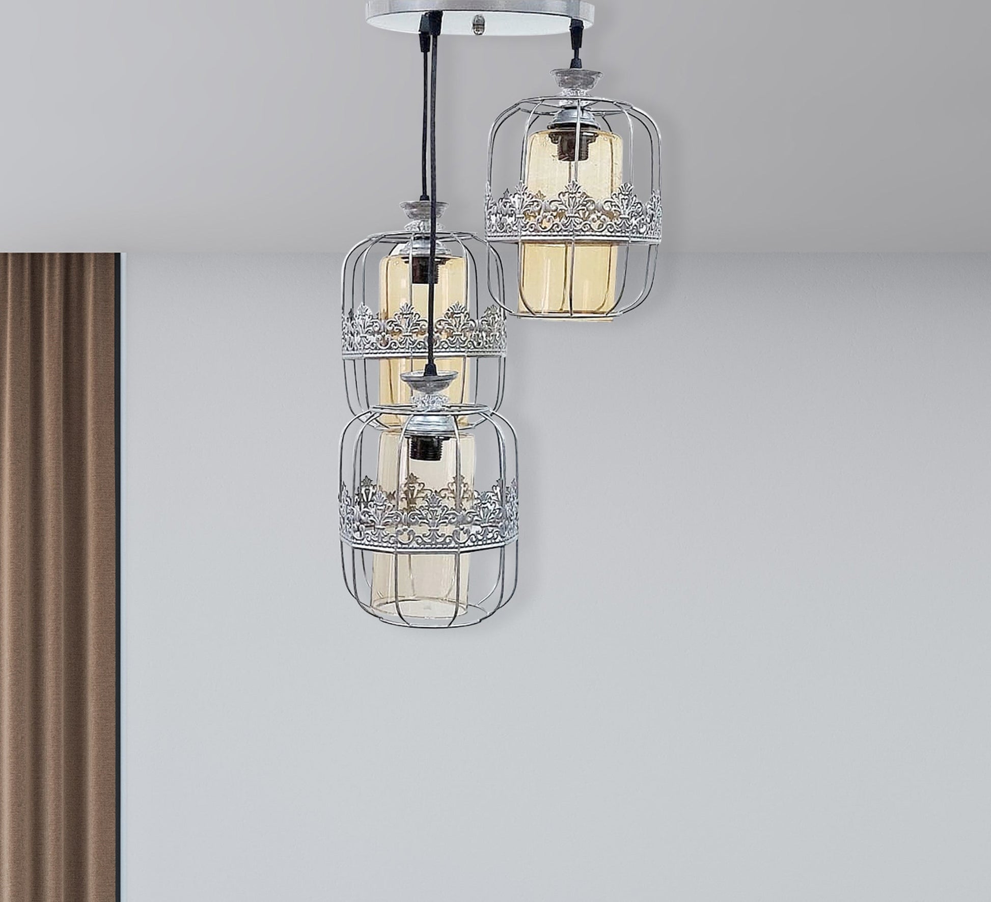 Triple Chandelier with Metal Cages and Decorations - Vitrine Furniture - Lighting