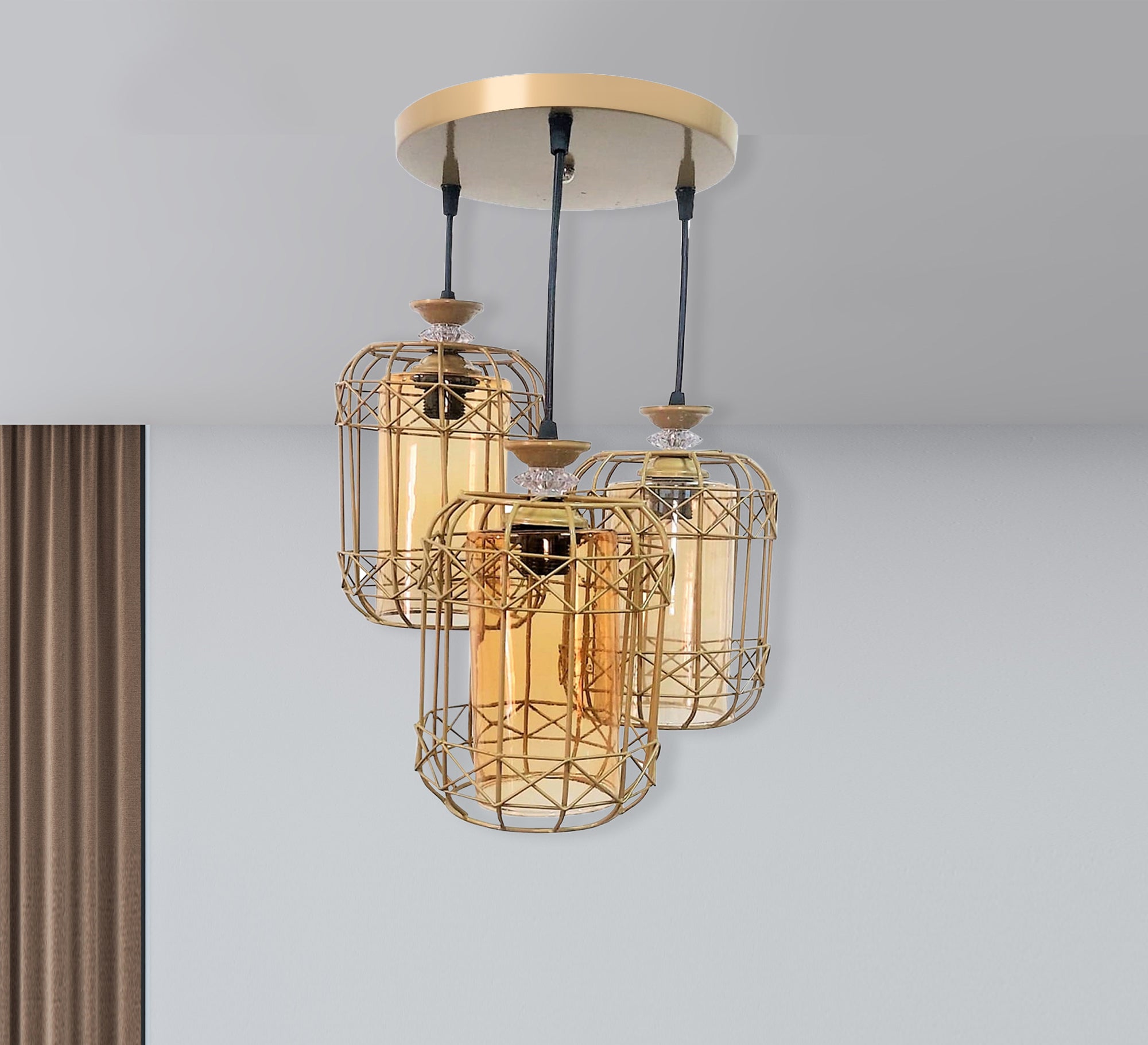 Triple Metal Chandelier in Birdcage Design - Vitrine Furniture - Lighting