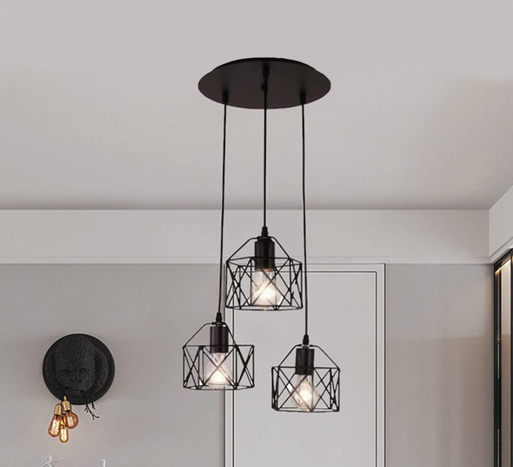 Triple Pendant Chandelier in the Shape of a Cage - Vitrine Furniture - Lighting