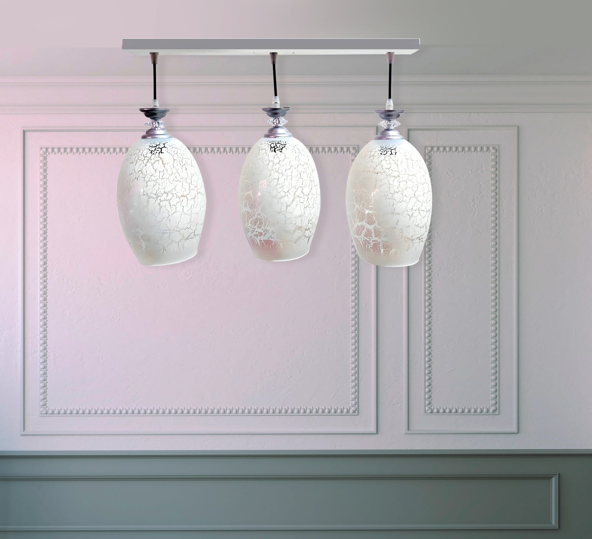 Triple Silver Chandelier with Decorative White Glass - Vitrine Furniture - Lighting