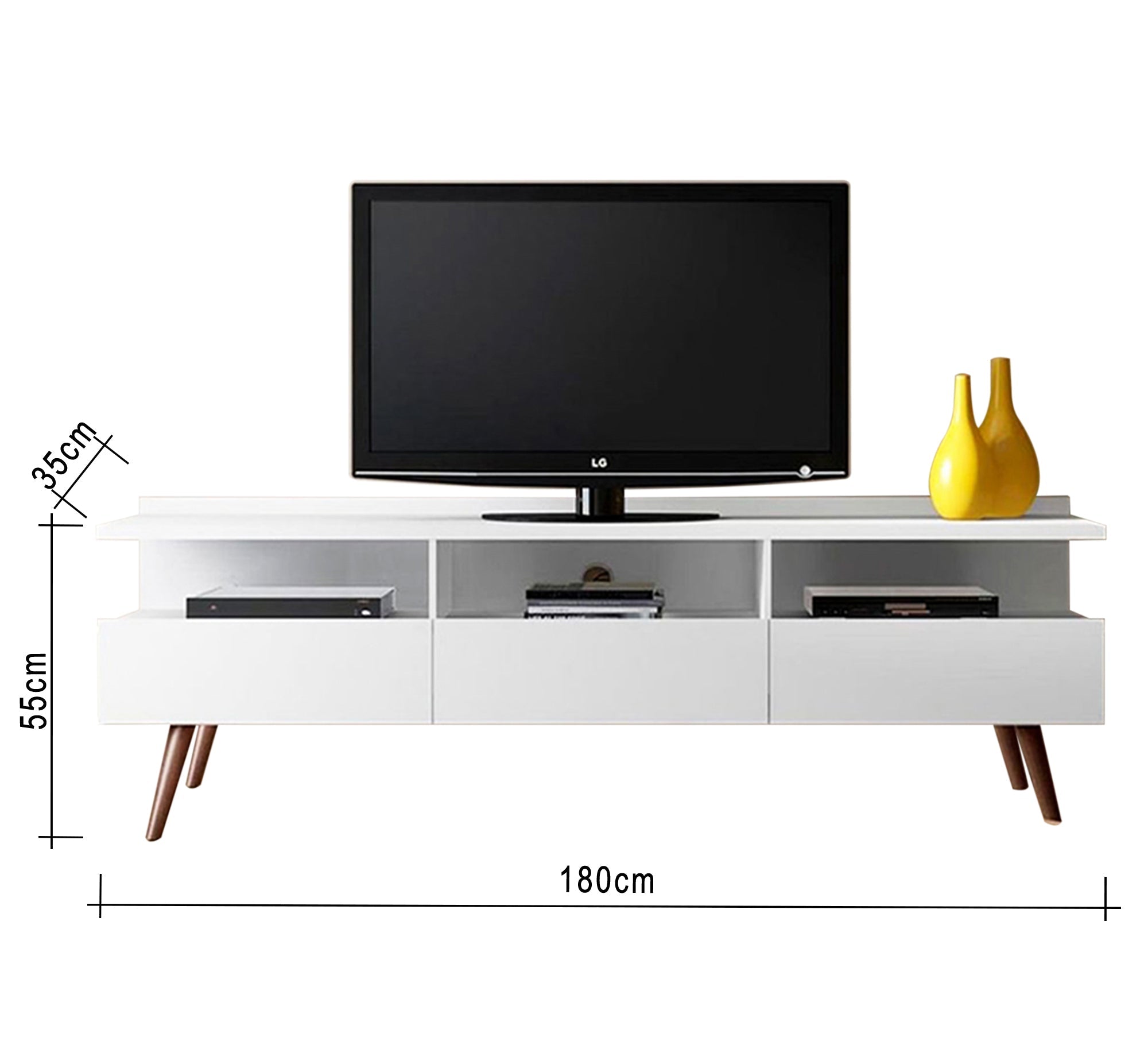 TV Table: 3 Shelves, 3 Doors, High Legs - Vitrine Furniture - Furniture