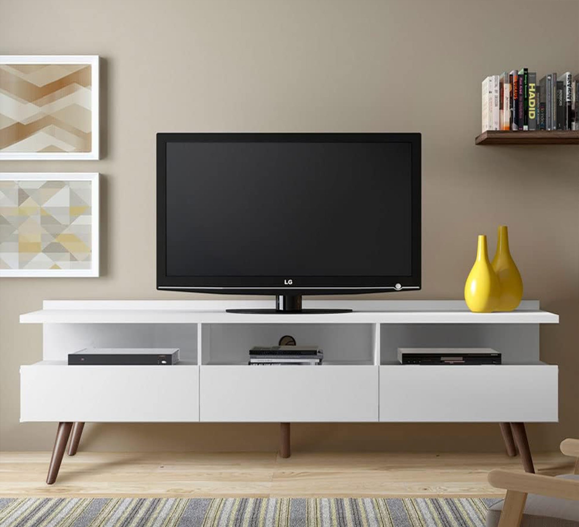 TV Table: 3 Shelves, 3 Doors, High Legs - Vitrine Furniture - Furniture