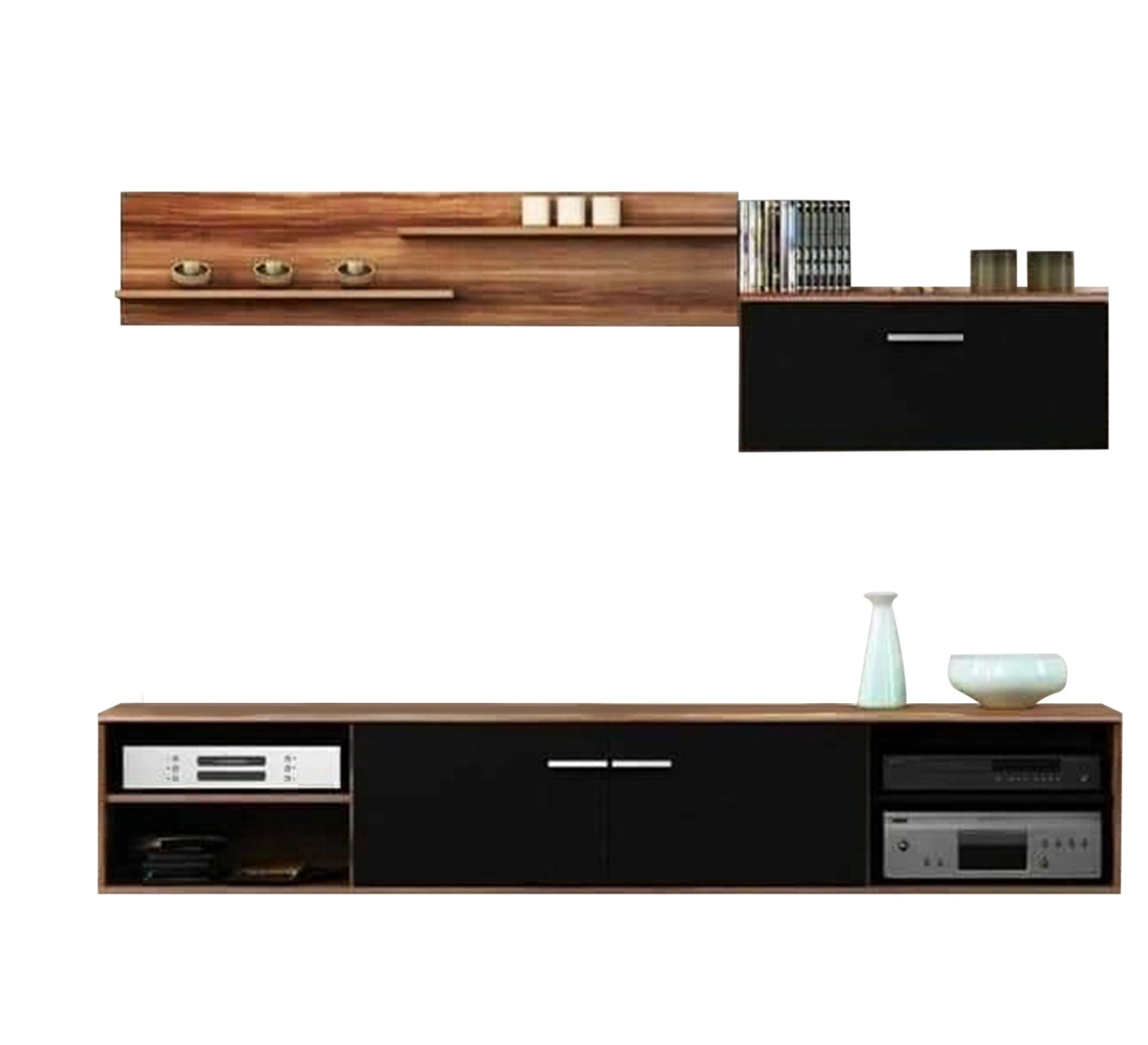 TV Table Sleek Black and Warm Brown Finish - Vitrine Furniture - Furniture