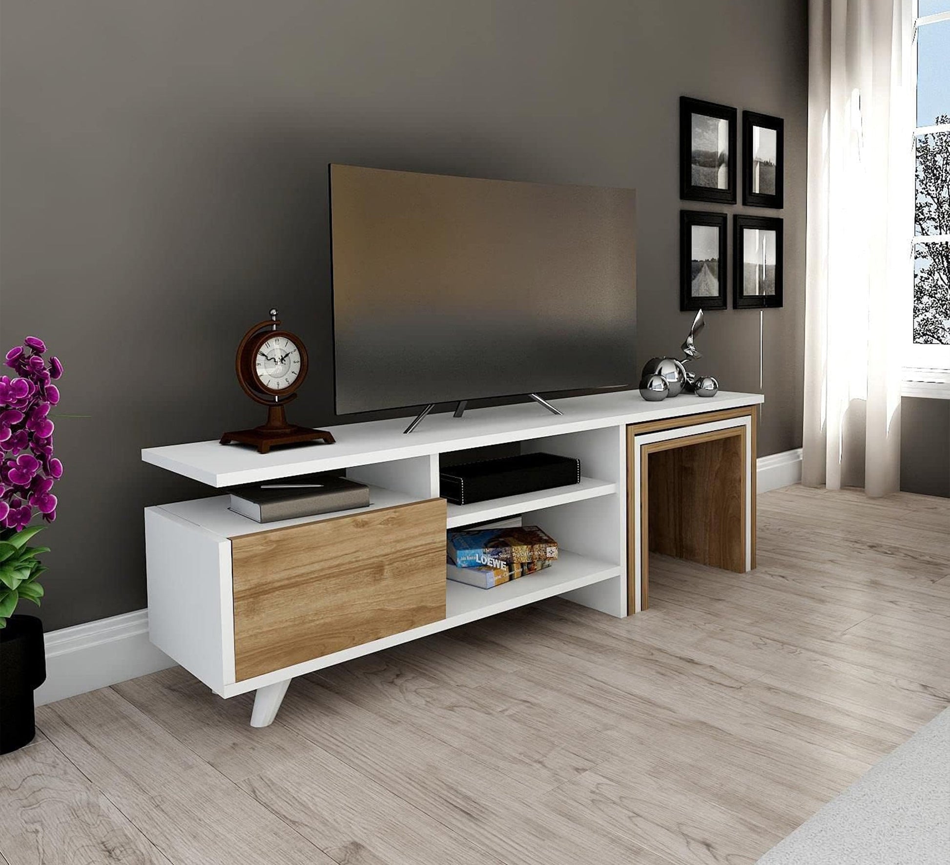 TV Table: Stylish White & Wood Finish - Vitrine Furniture - Furniture
