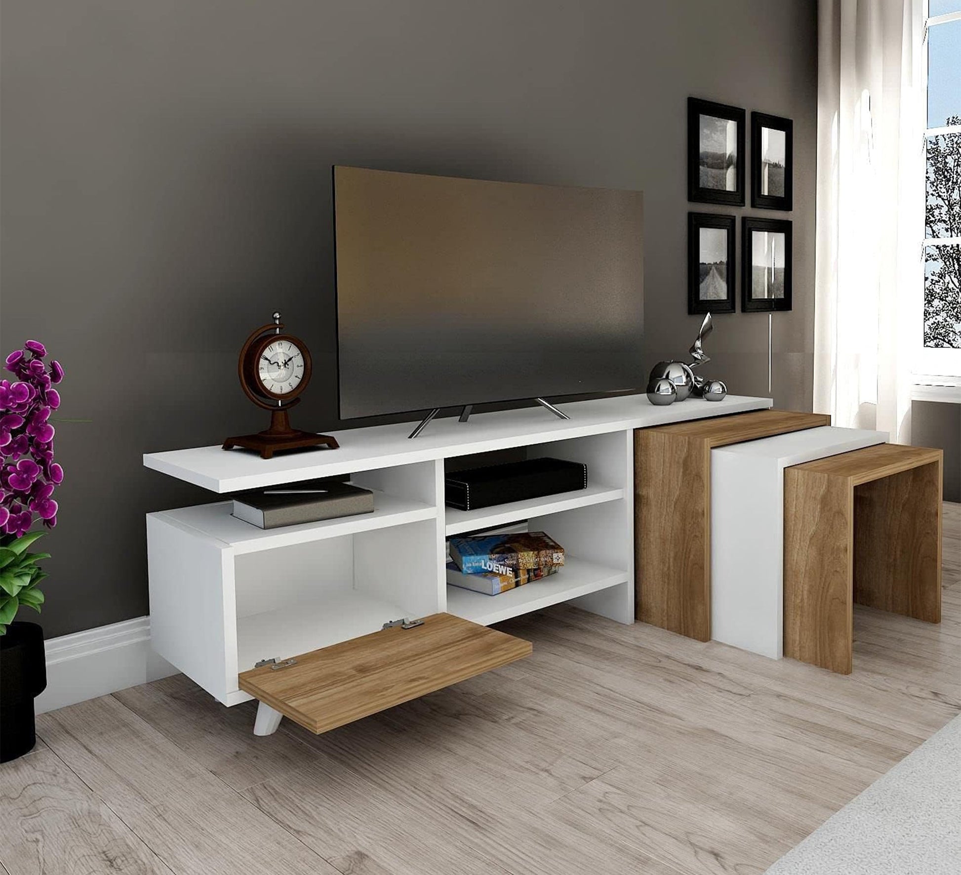 TV Table: Stylish White & Wood Finish - Vitrine Furniture - Furniture