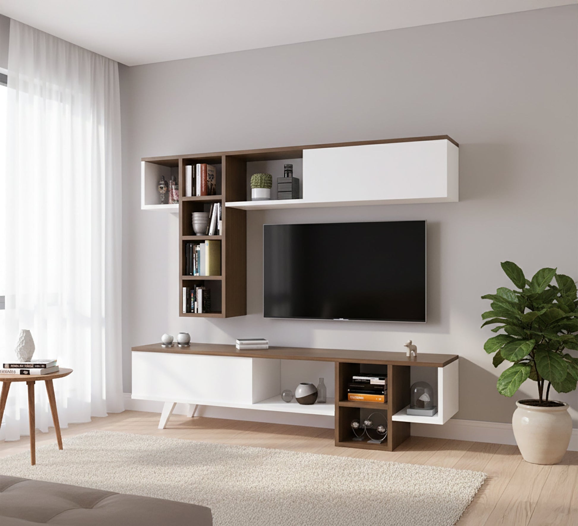 TV Table: White & Honey Brown, Chic & Functional - Vitrine Furniture - Furniture