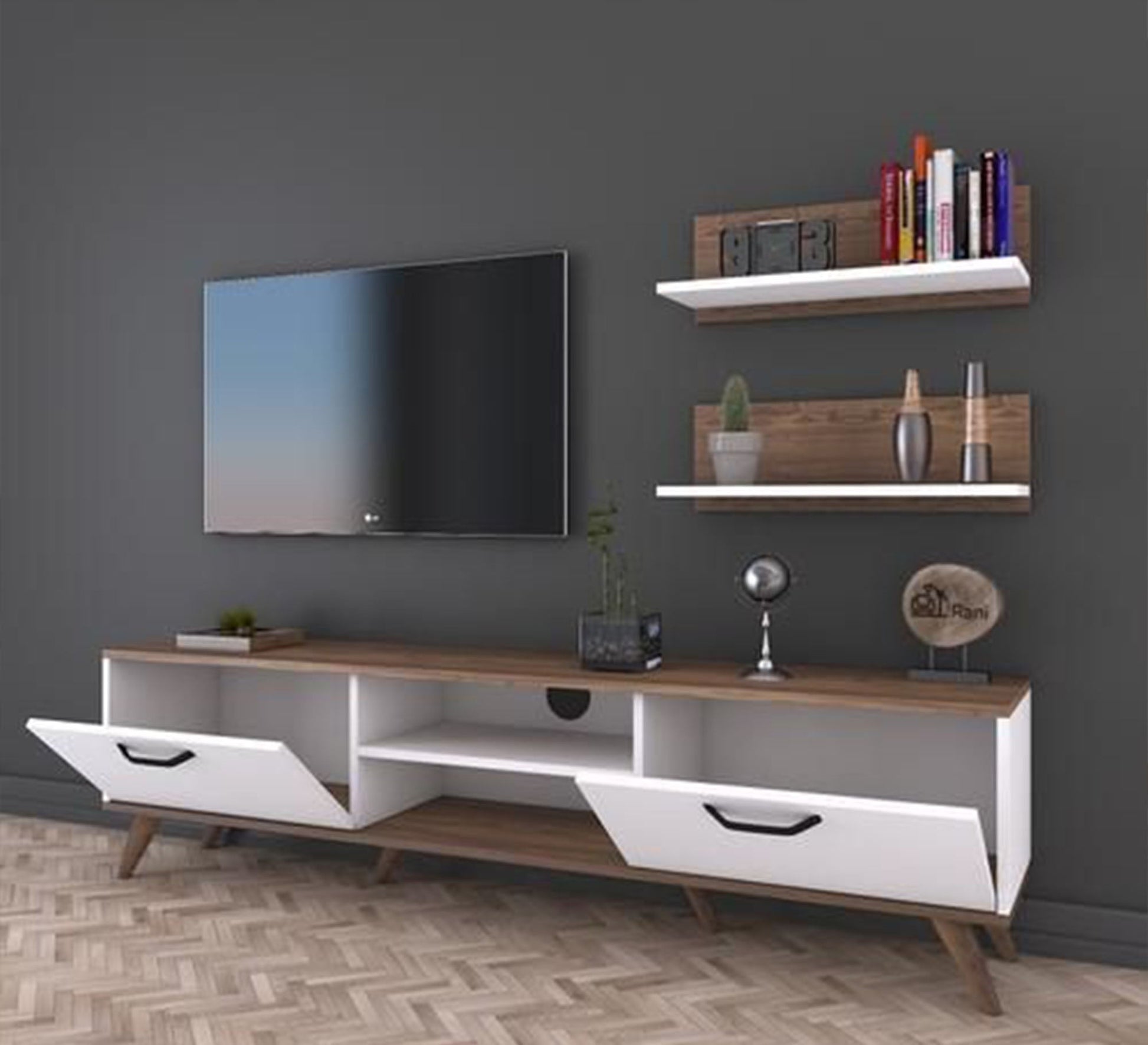 TV table with high legs, white and brown - Vitrine Furniture - Furniture