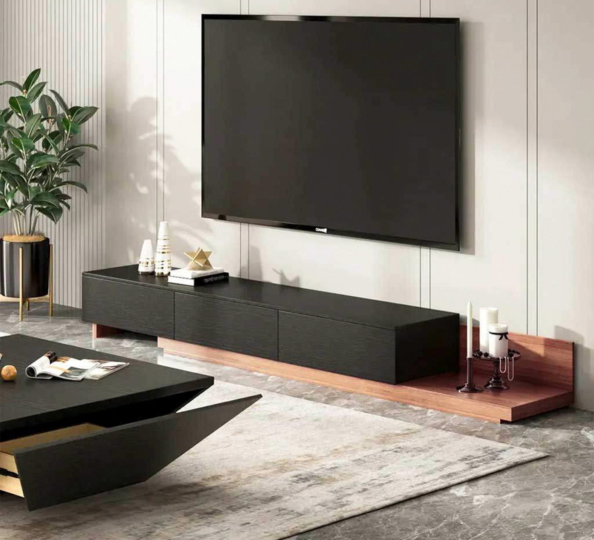 TV unit in Black and wooden brown - Vitrine Furniture - TV Table & Cabinet