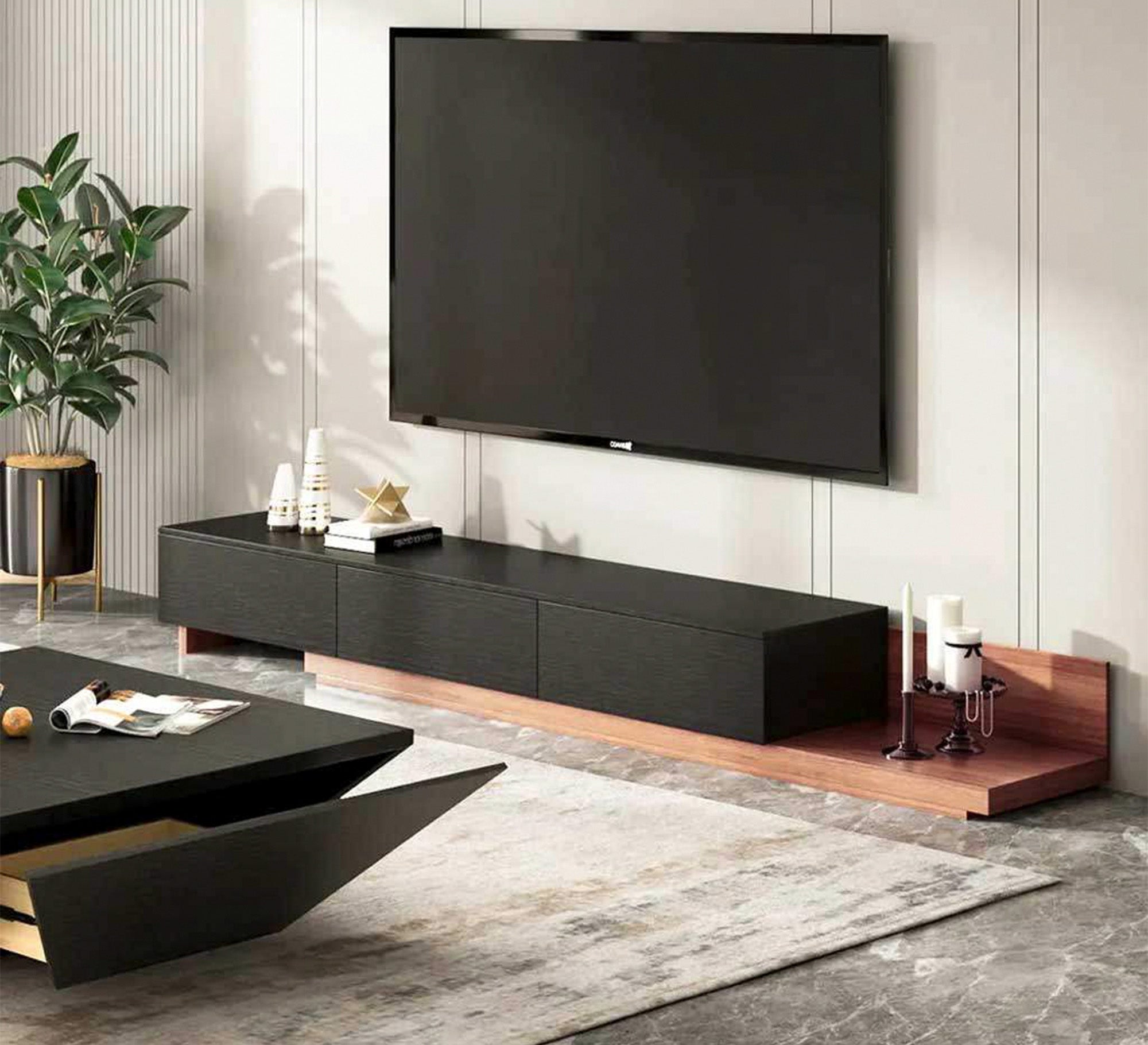 TV unit in Black and wooden brown - Vitrine Furniture - TV Table & Cabinet