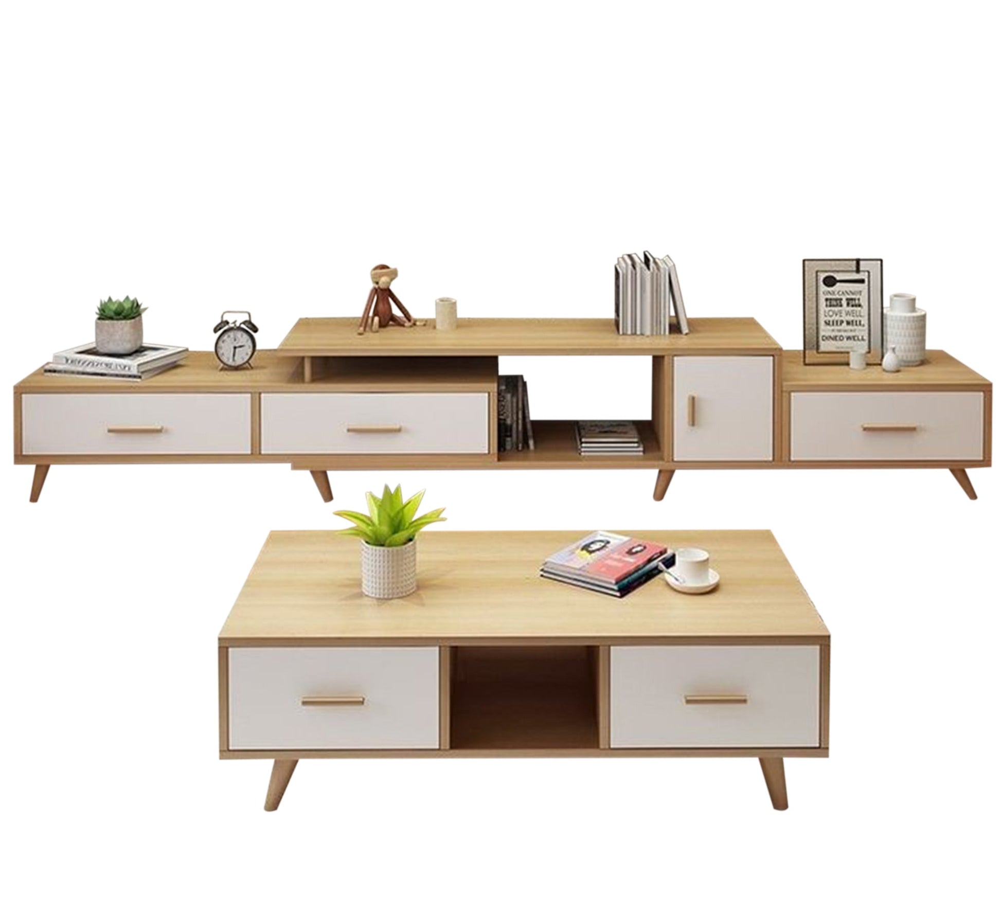 TV unit in white and wooden beige - Vitrine Furniture - Furniture