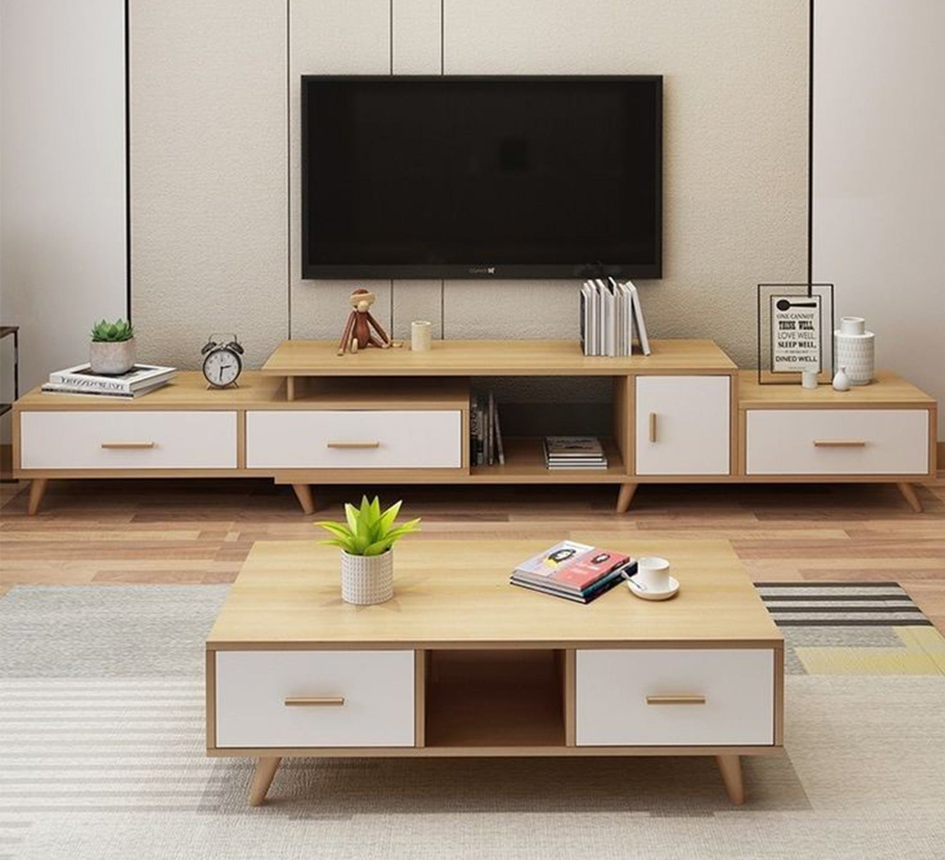 TV unit in white and wooden beige - Vitrine Furniture - Furniture